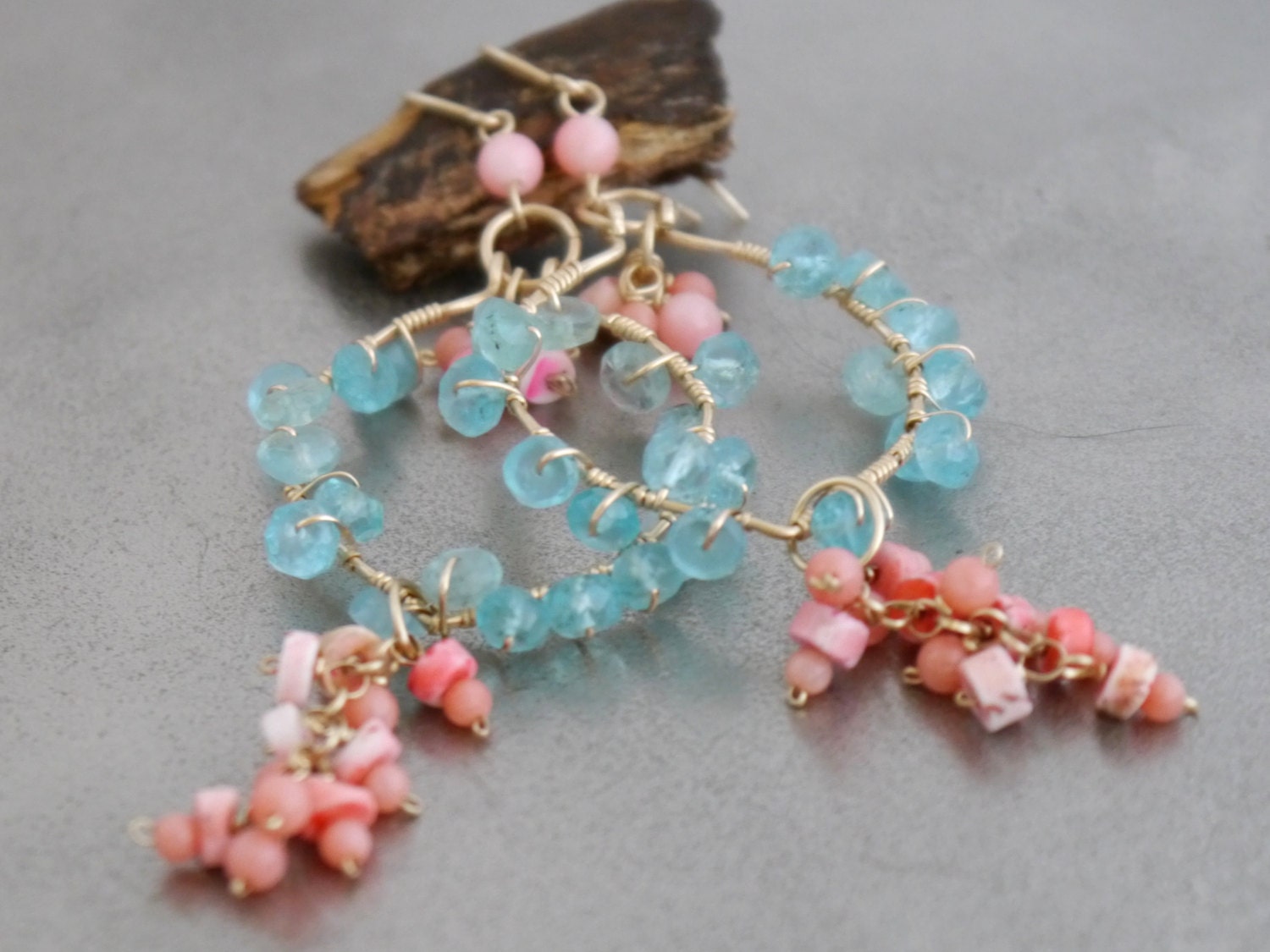 Pink Coral Apatite Chandelier Gemstone Earrings, 14K Gold Filled Bohemian Jewelry