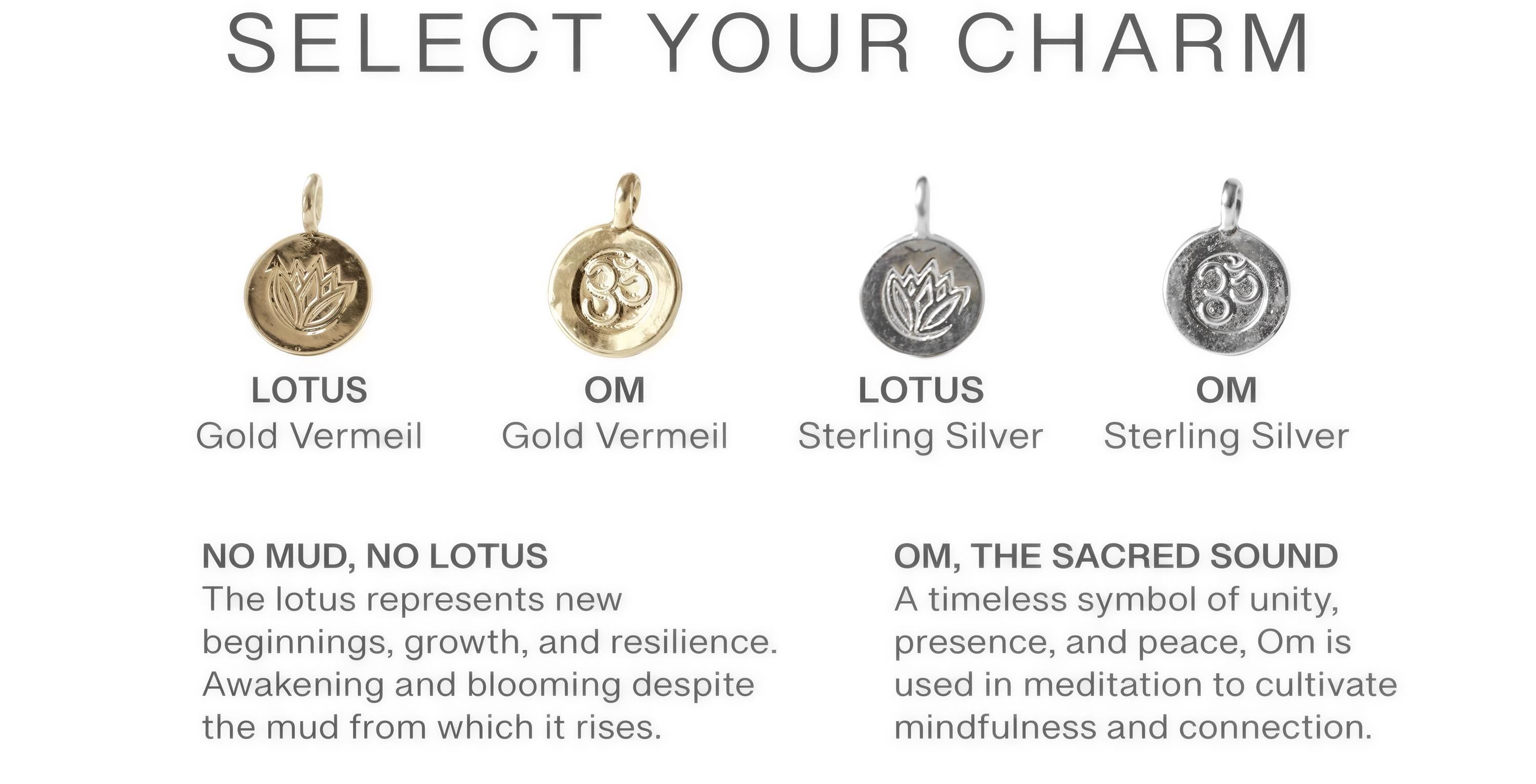 four charms, each representing a different aspect of the lotus flower, and provides descriptions of each charm and its meaning.