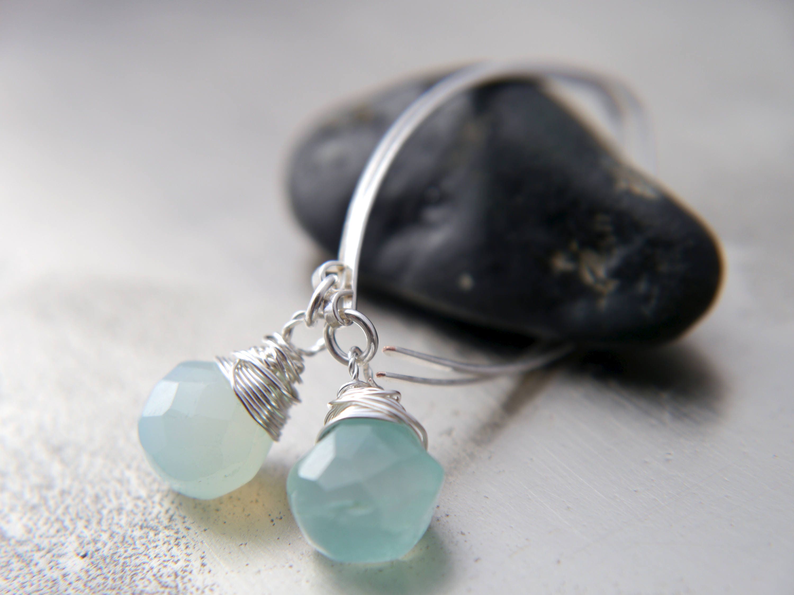 Aqua Chalcedony Briolette Hoop Gemstone Earrings, Sterling Silver