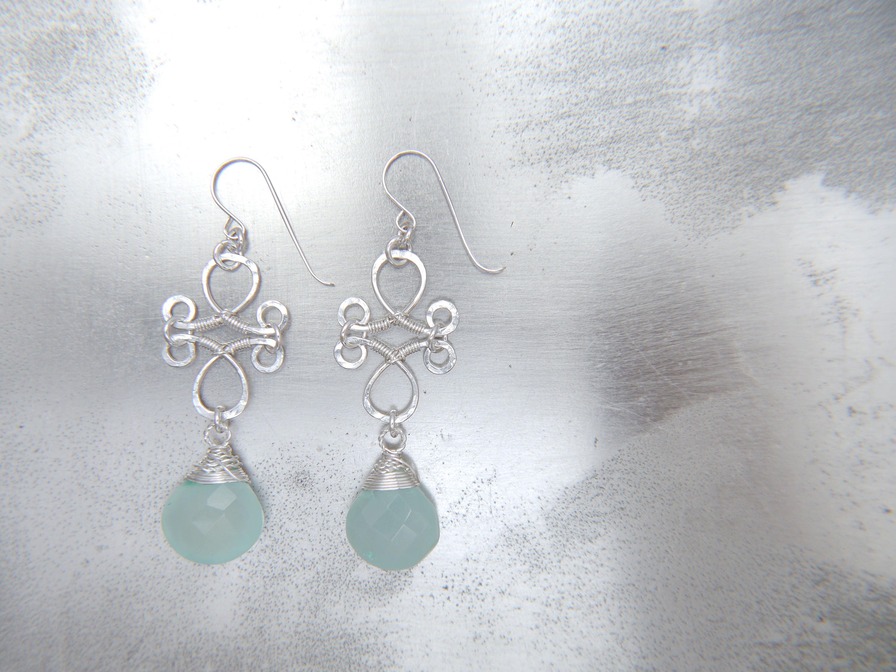 Aqua Chalcedony Heart Briolette Chandelier Gemstone Earrings, Sterling Silver
