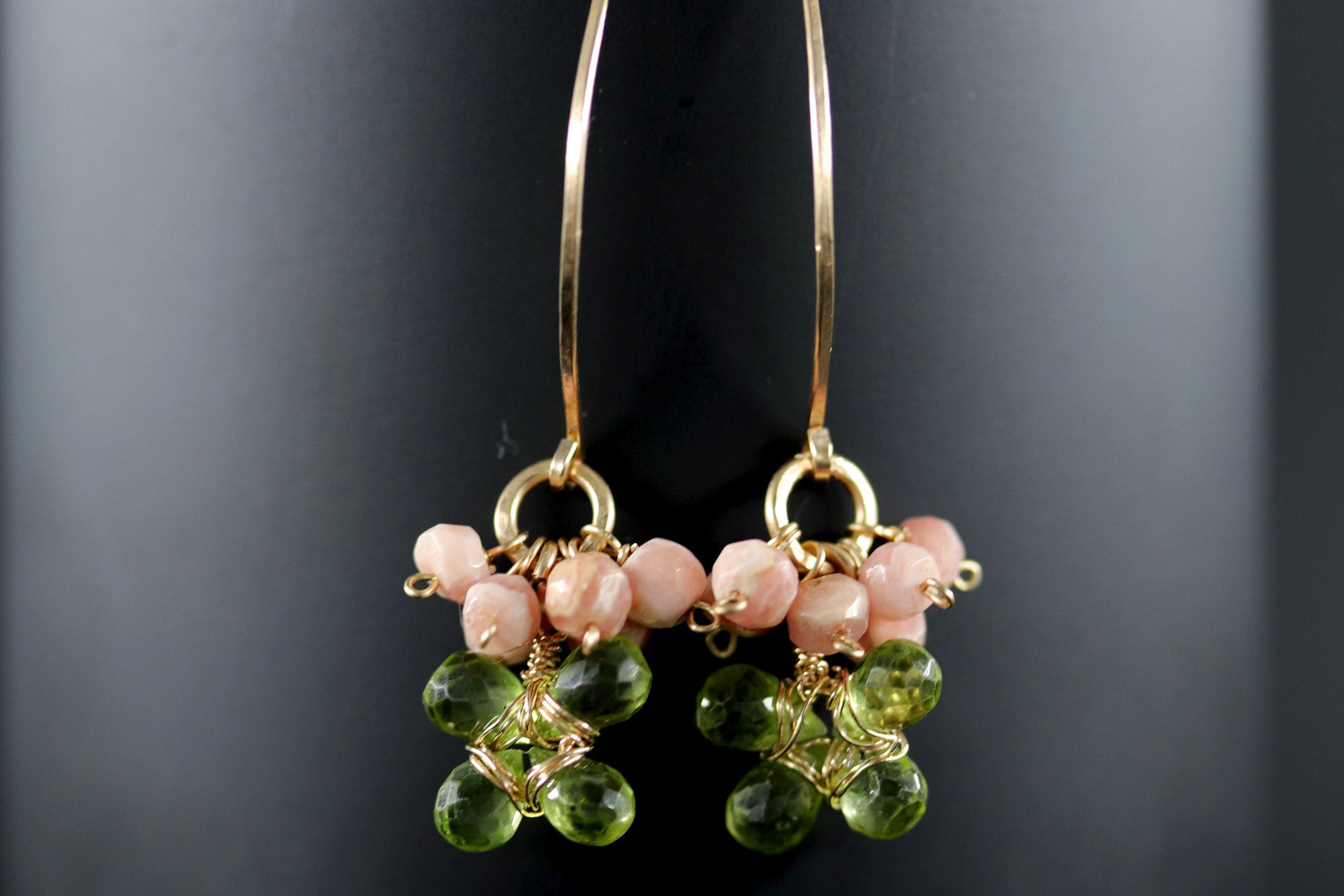 Peridot Rhodonite Floral Cluster Hoop Gemstone Earrings, 14K Gold Filled Botanicals