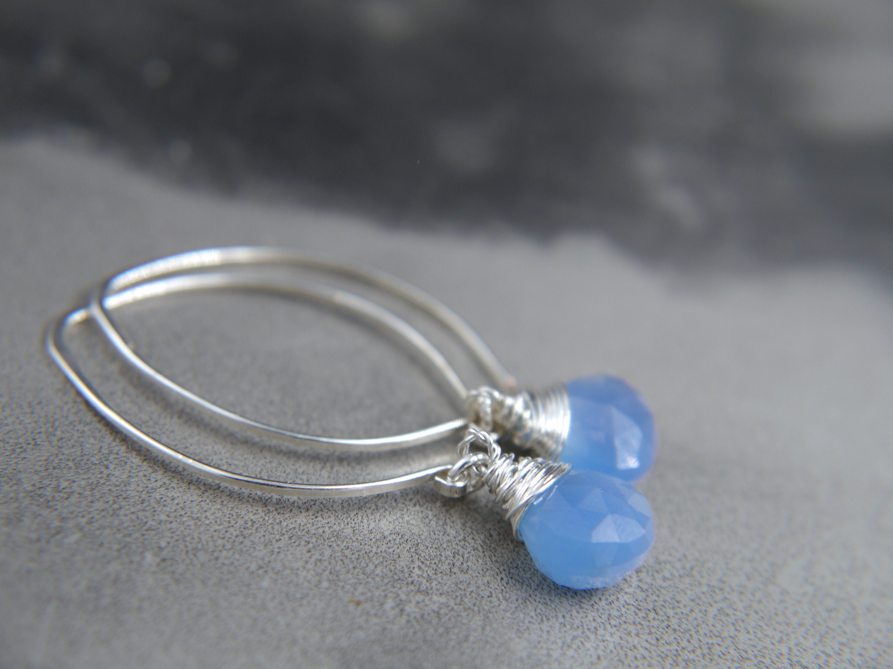 Aqua Chalcedony Long Hoop Dangle Gemstone Earrings, Sterling Silver