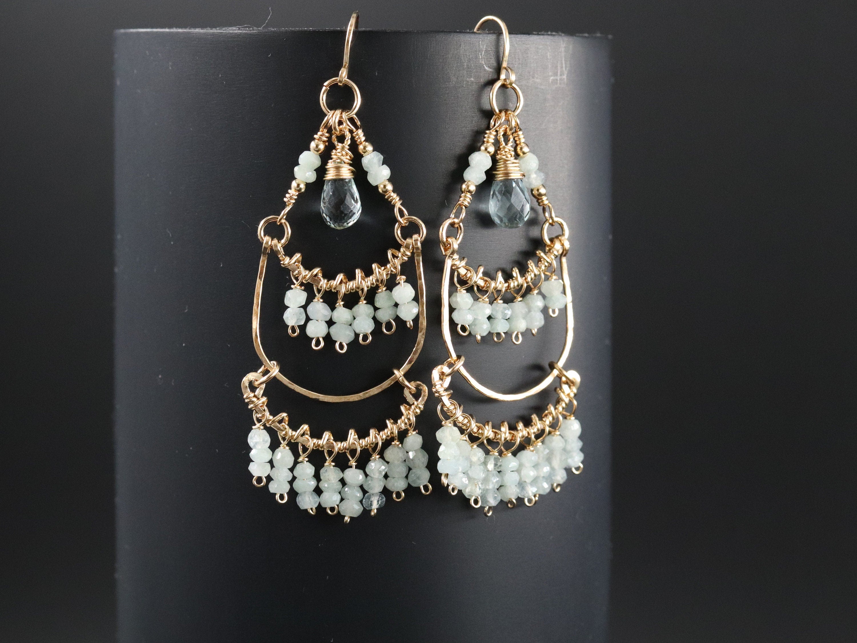 Aquamarine Boho Chandelier Earrings, 14K Gold Filled Fringe Dangle, Wedding Jewelry