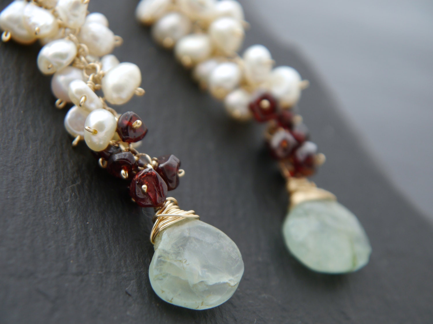 Aquamarine Garnet Pearl Cluster Long Dangle Floral Gemstone Earrings, 14K Gold Filled