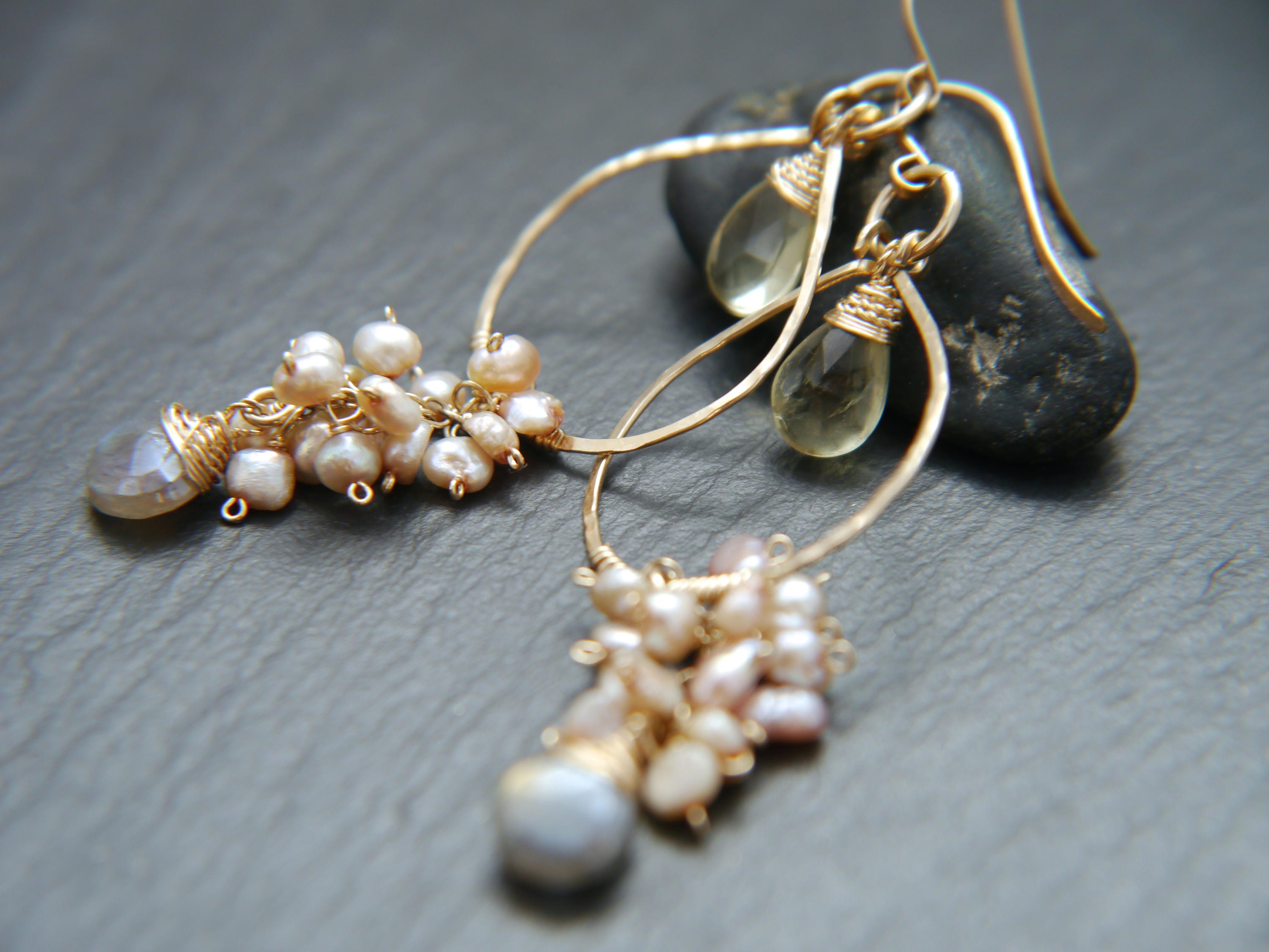 Citrine Labradorite Pearl Floral Chandelier Gemstone Earrings, 14K Gold Filled Bridal
