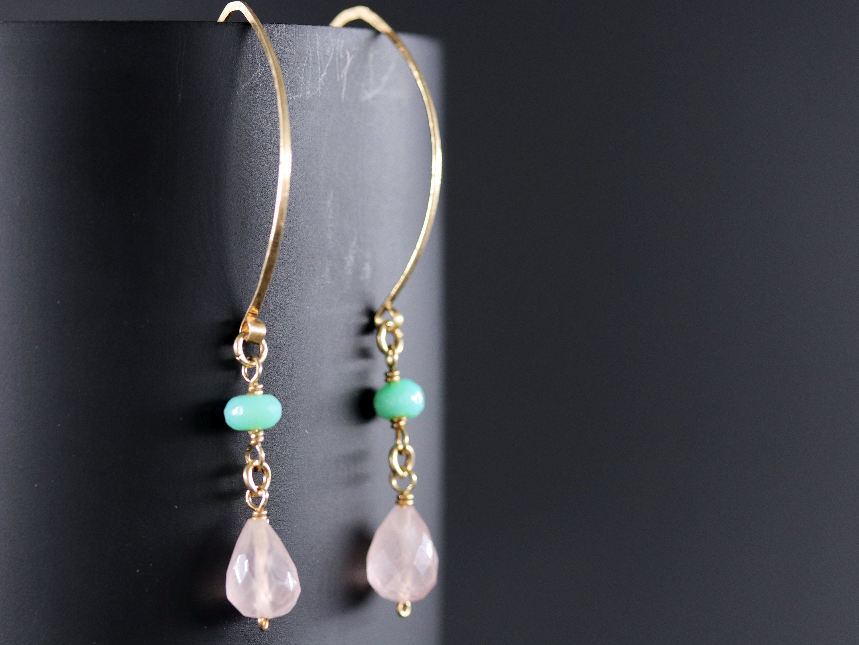 Rose Quartz Chrysoprase Hoop Gemstone Earrings, 14K Gold Filled Boho Wedding Jewelry