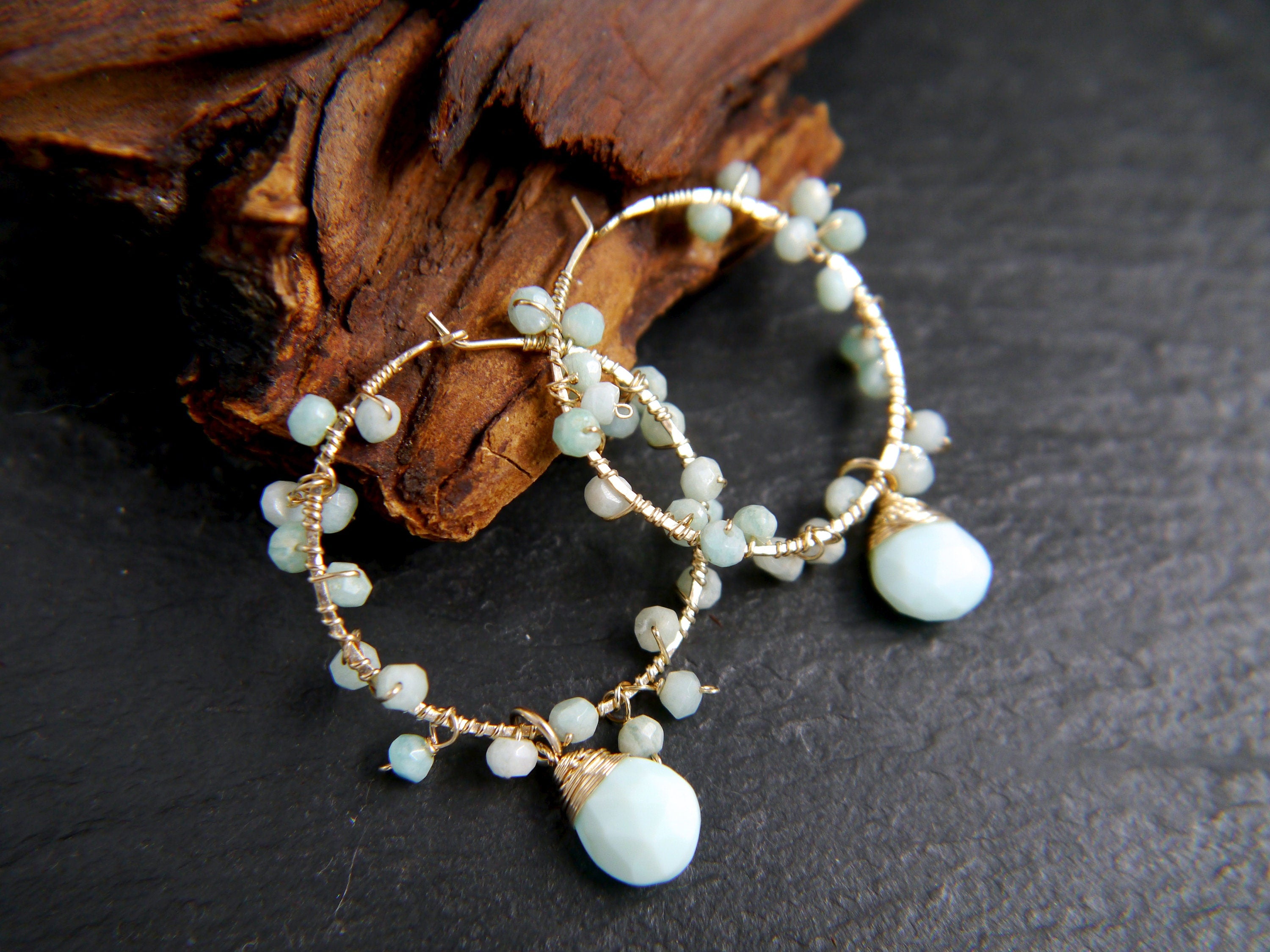 Amazonite Blue Opal Garland Earrings, 14K Gold Filled Floral Drape, Nature Inspired Statement