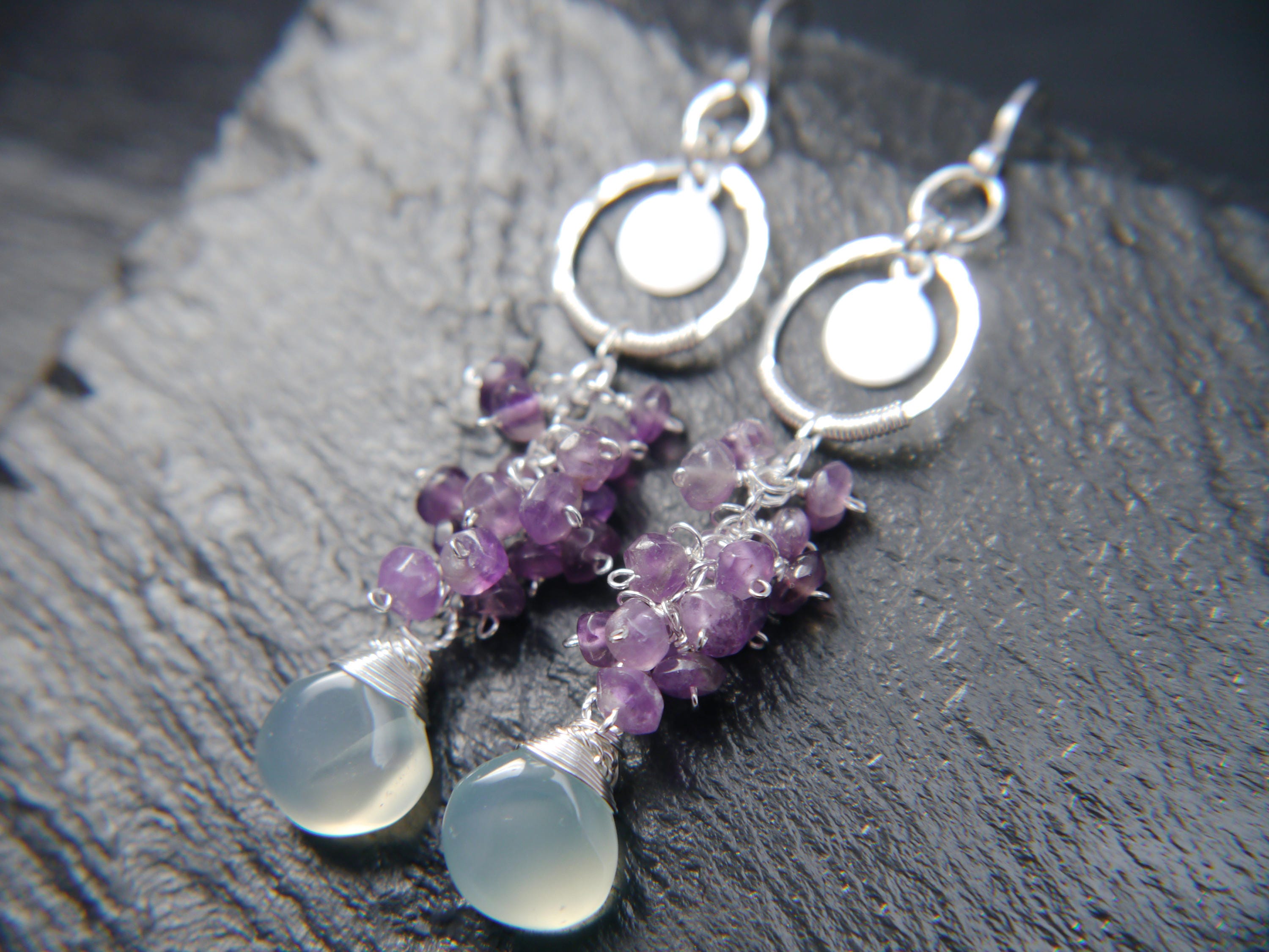 Aqua Chalcedony Amethyst Long Dangle Gemstone Earrings, Sterling Silver