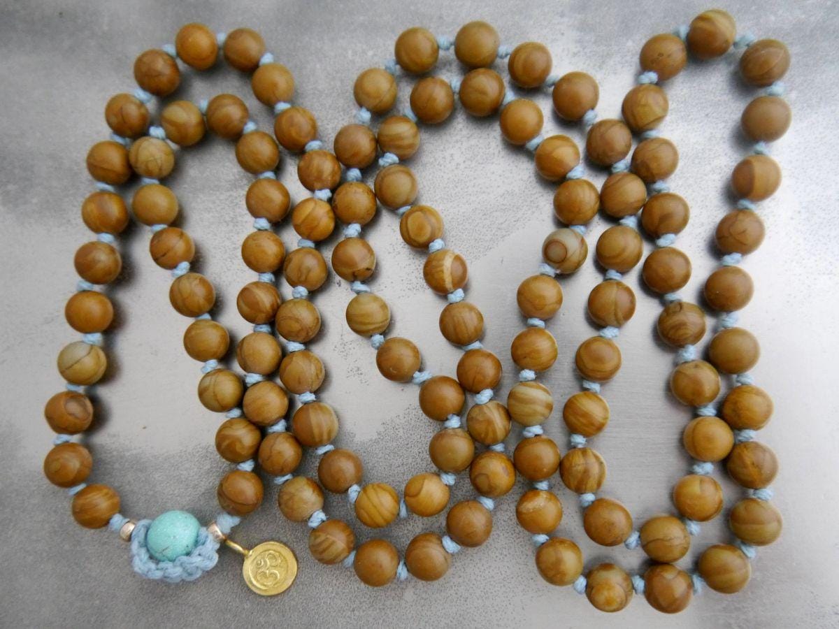 Brown Tigerskin Jasper 108 Mala Bead , Wrap, Hand Knotted Tibetan Prayer Beads