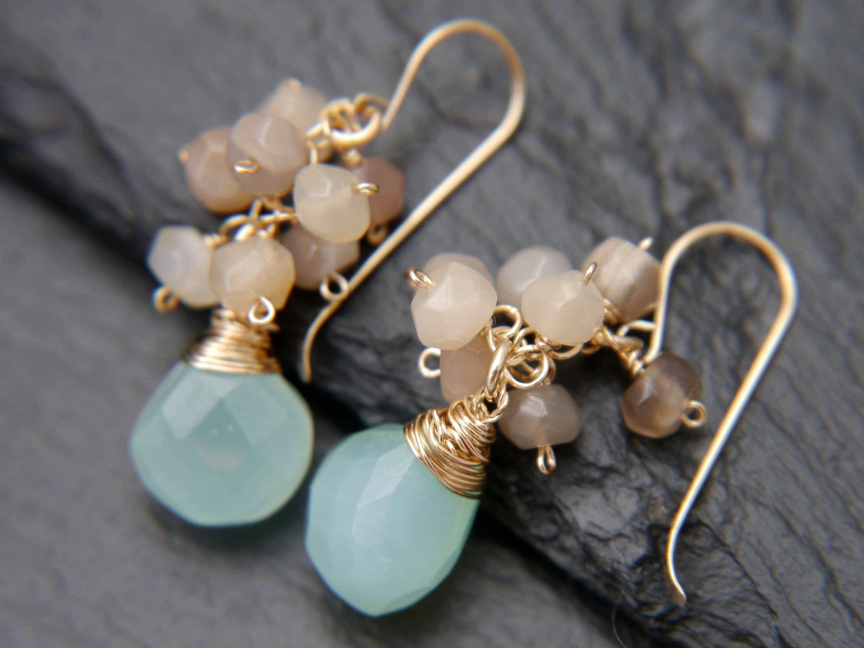 Moonstone Cluster Aqua Chalcedony Heart Gemstone Earrings, 14K Gold Filled Romantic