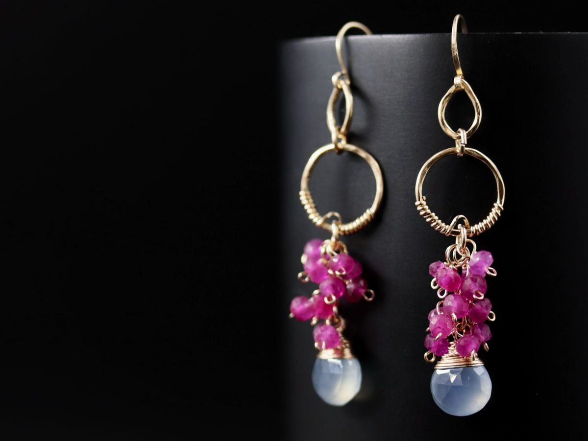 Ruby Chalcedony Heart Briolette Floral Cluster Gemstone Earrings, 14K Gold Filled