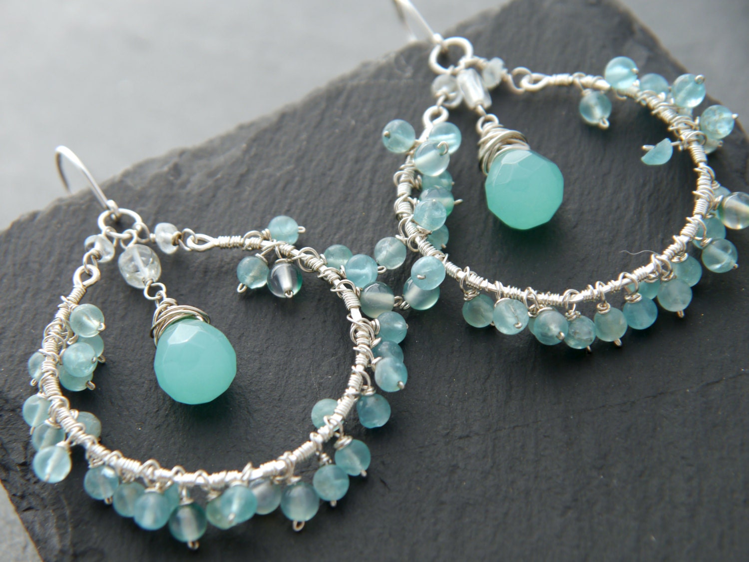 Chalcedony Goshenite Floral Garland Hoop Gemstone Earrings, Sterling Silver