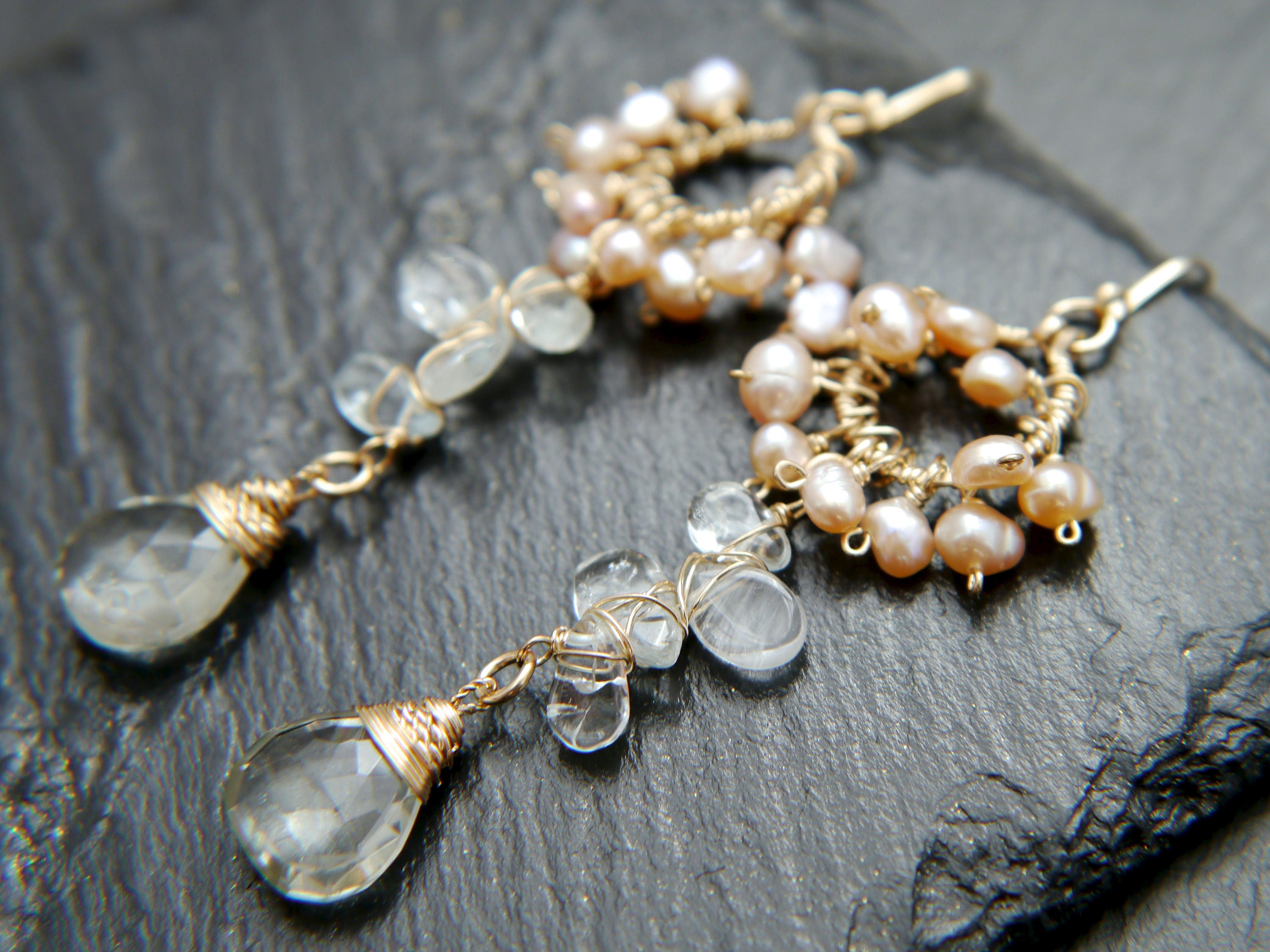 Aquamarine Pearl Long Dangle Cluster Floral Gemstone Earrings, , 14K Gold Filled Romantic