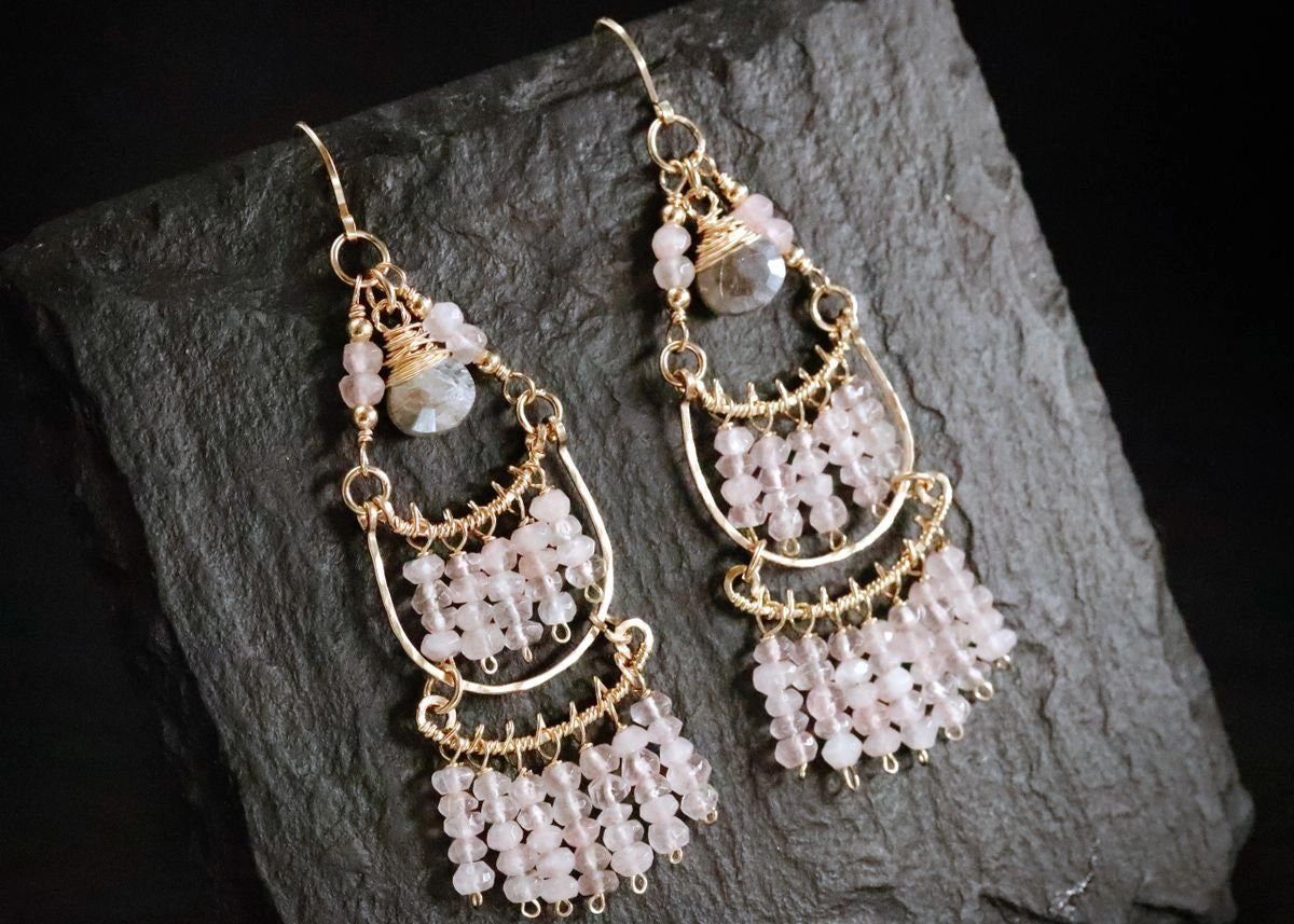 Rose Quartz Labradorite Fringe Chandelier Gemstone Earrings, 14K Gold Filled