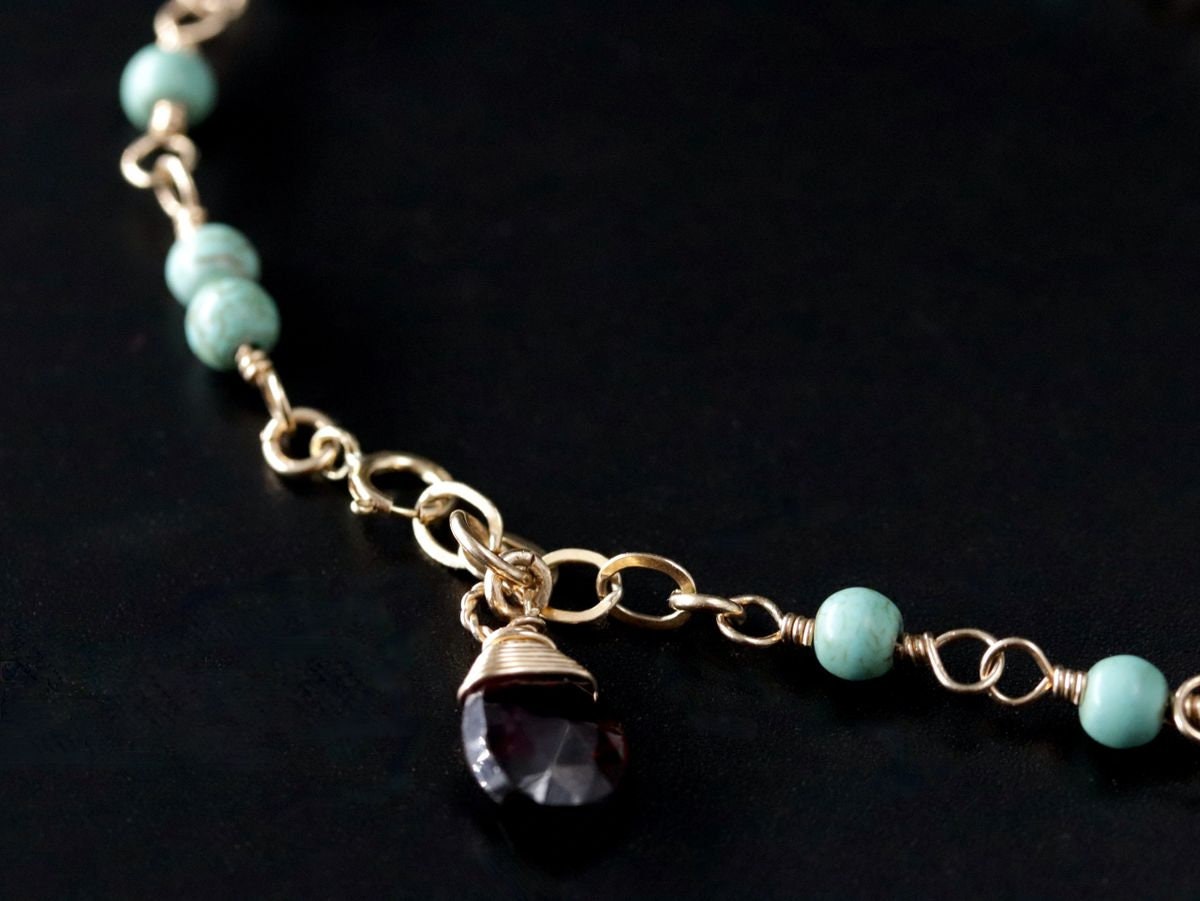 Turquoise Magnesite Garnet Gemstone Bracelet, 14K Gold Filled Rosary Chain Boho Style
