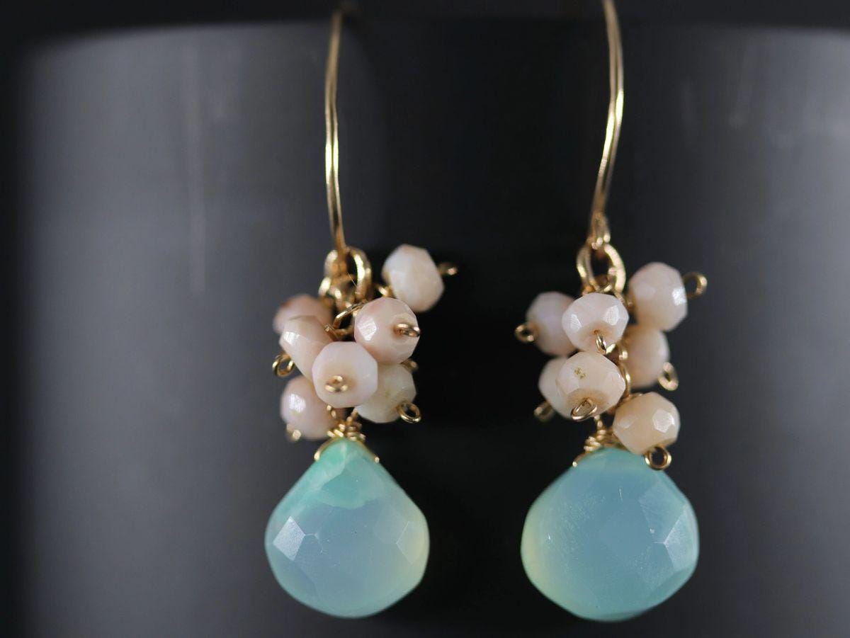 Aqua Chalcedony Pink Opal Floral Cluster Gemstone Earrings, 14K Gold Filled Bohemian