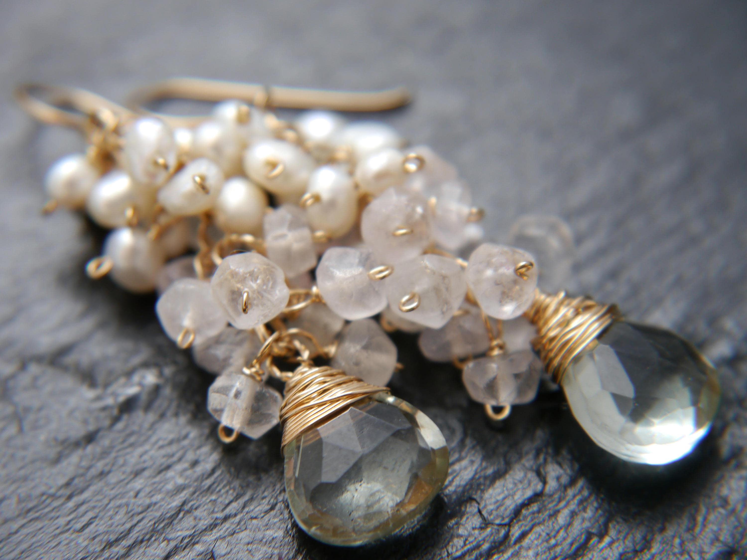 Green Amethyst Rose Quartz Pearl Cluster Gemstone Earrings, 14K Gold Filled Garden Wedding