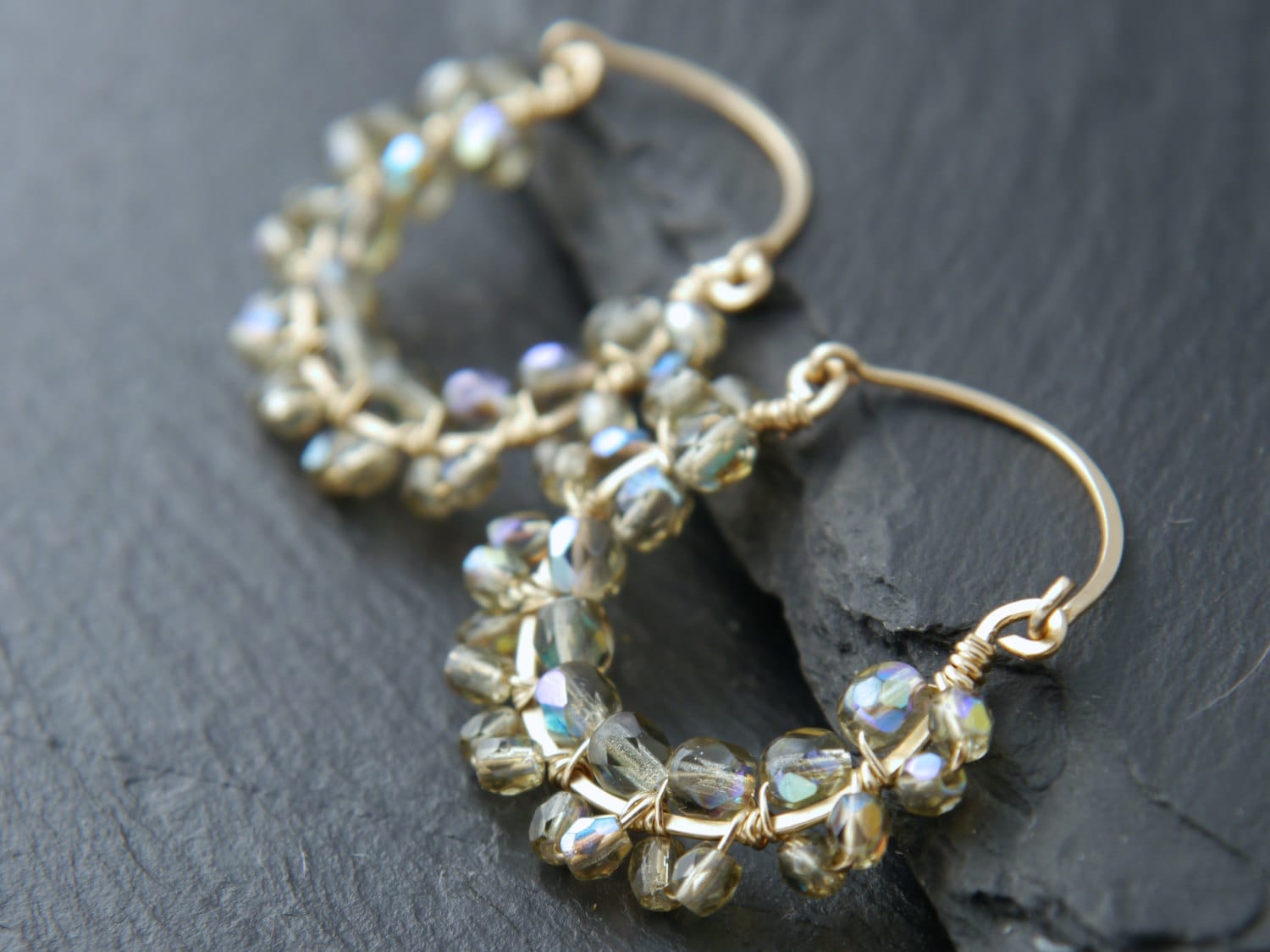Gray Czech Glass Woven Lace Hoop Gemstone Earrings, 14K Gold Filled Classic Style
