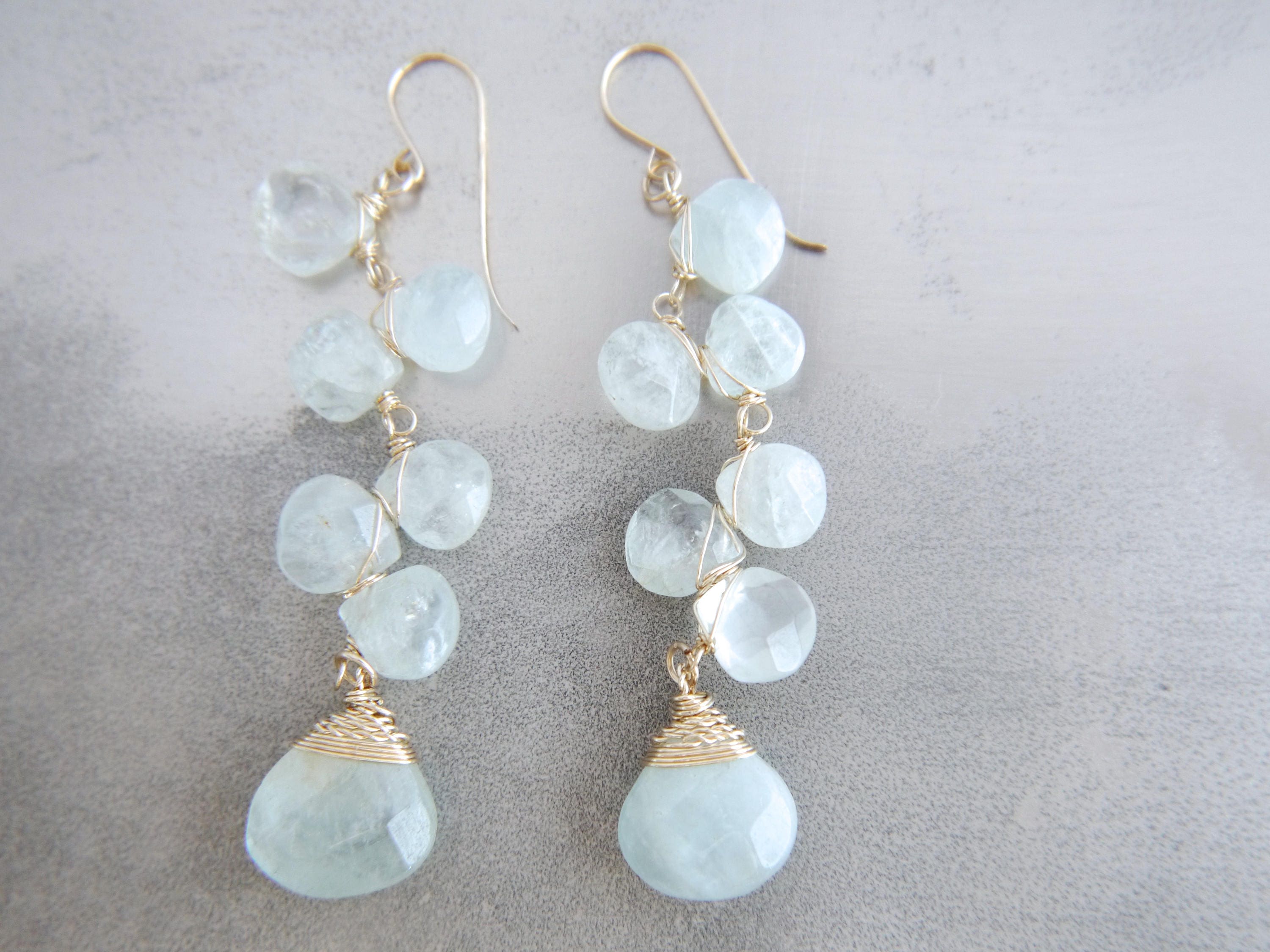 Aquamarine Long Dangle Floral Gemstone Earrings, 14K Gold Filled Garden Wedding