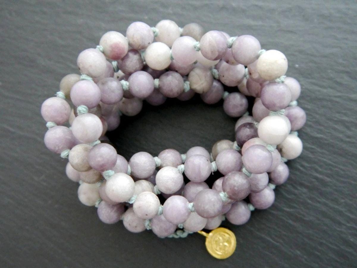 Lavender Lilac Stone 108 Mala Bead , Wrap, Hand Knotted Tibetan Prayer Beads