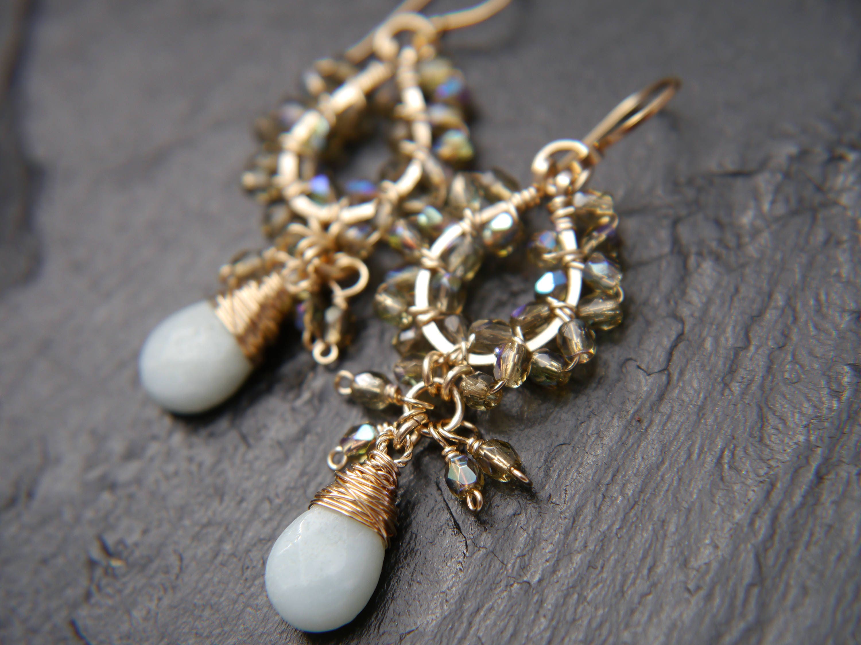 Aquamarine Tortoiseshell Chandelier Gemstone Earrings, 14K Gold Filled Boho