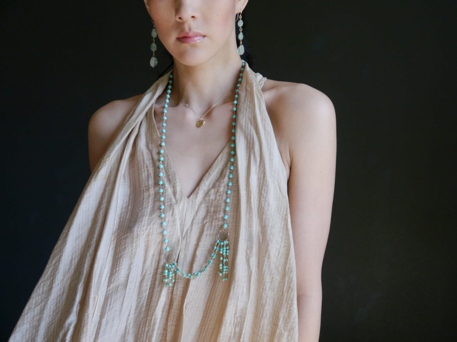 Turquoise Tassel Layering Gemstone Necklace, 14K Gold Filled Statement Jewelry