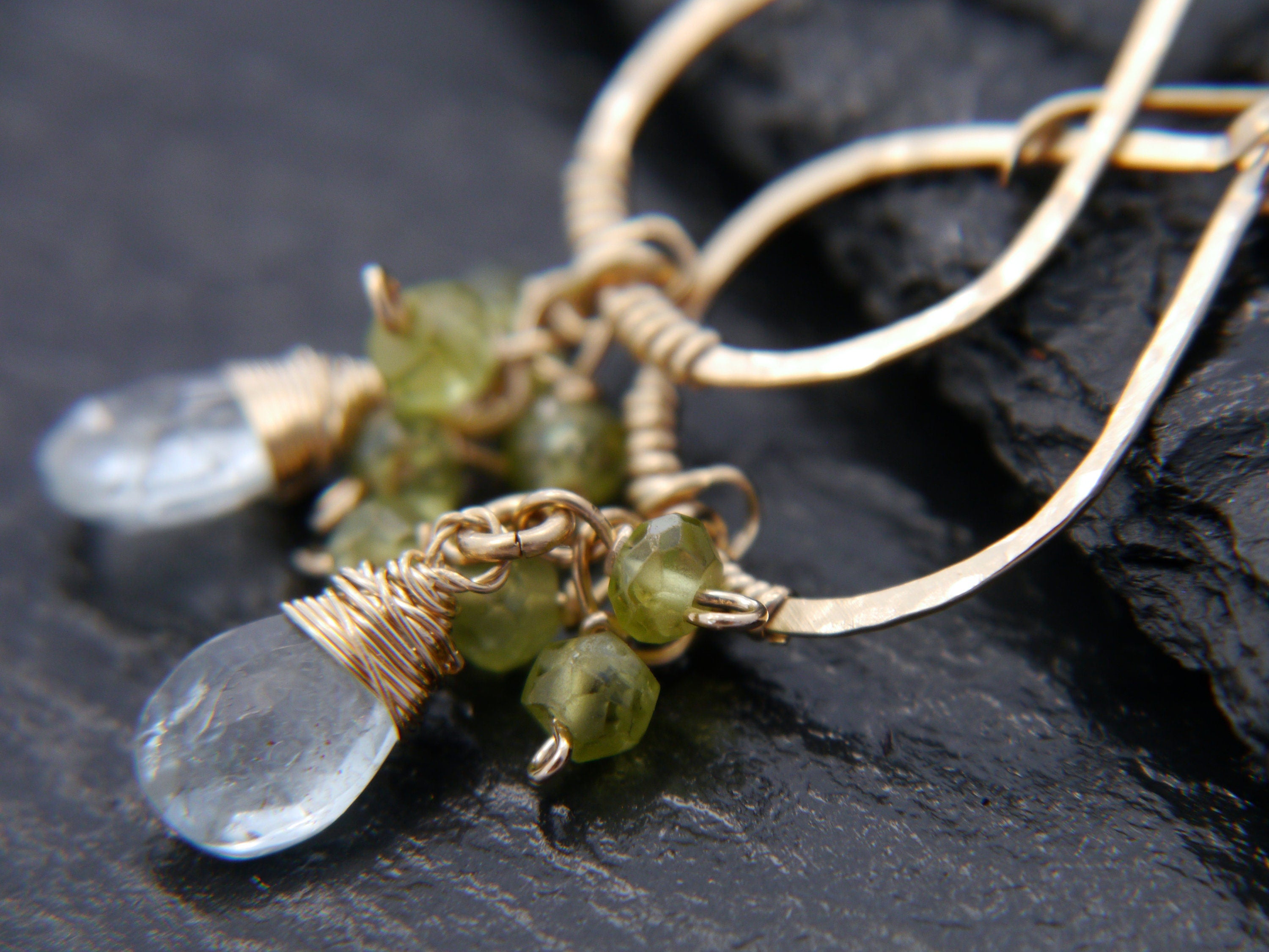 Aquamarine Peridot Chandelier Floral Gemstone Earrings, 14K Gold Filled Bohemian