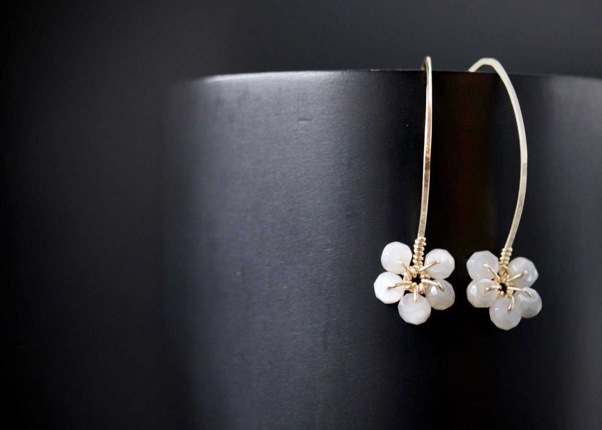 Moonstone Floral Hoop Gemstone Earrings, 14K Gold Filled Nature Inspired