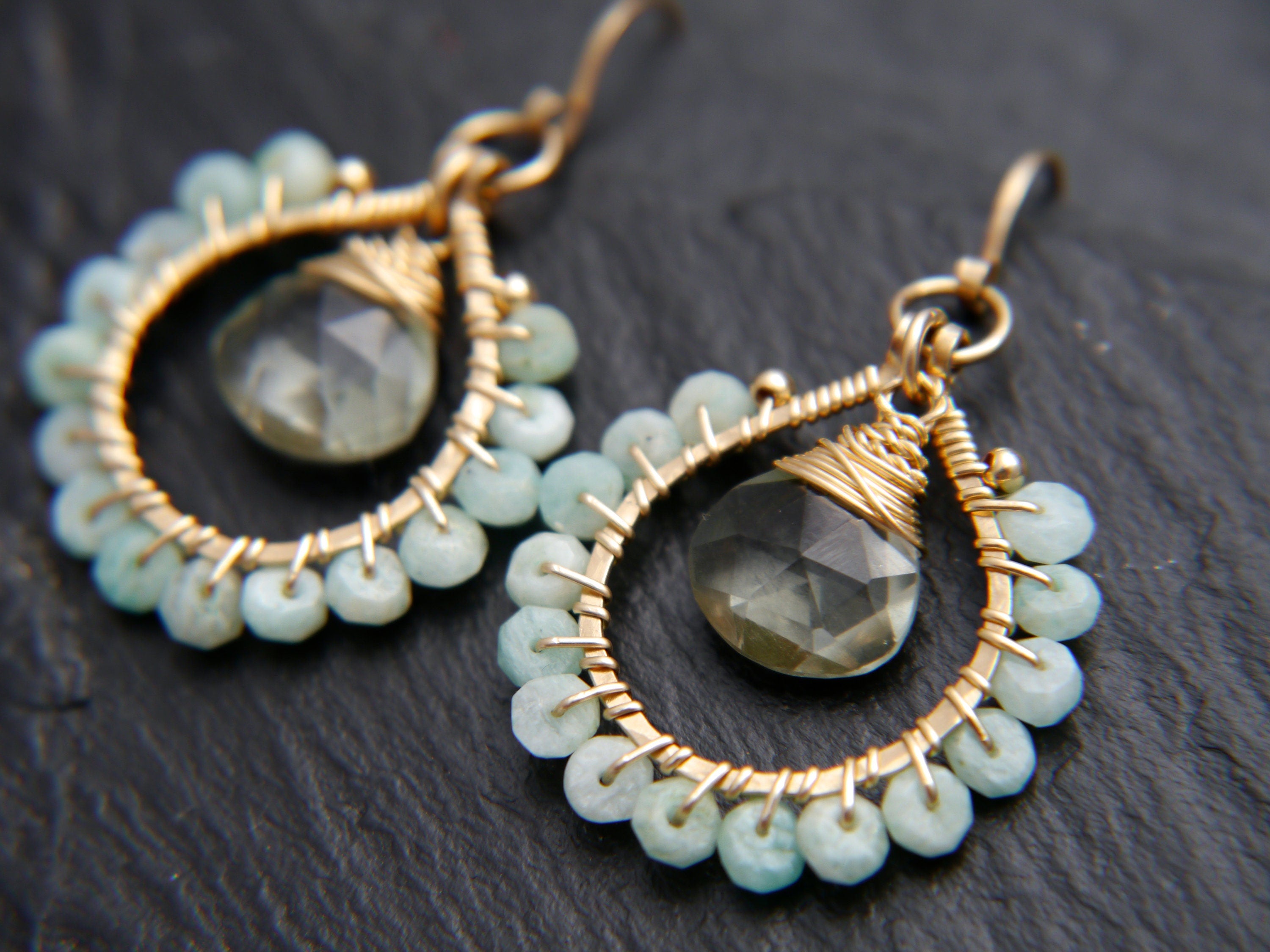 Amazonite Green Amethyst Hoop Earrings, 14K Gold Filled Gemstone Hoops, February Birthstone