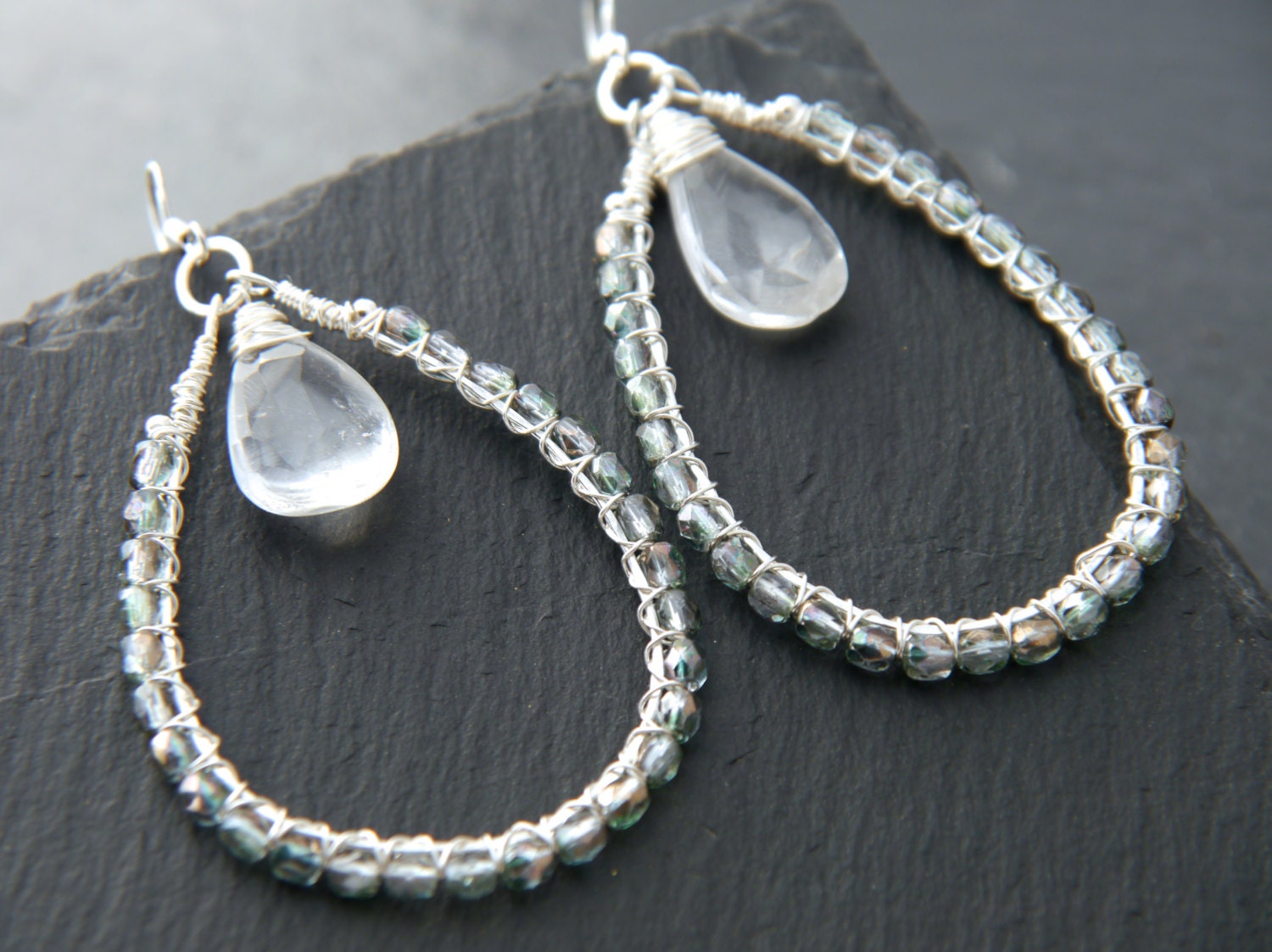 Quartz Czech Glass Briolette Teardrop Gemstone Earrings, Sterling Silver Hoops