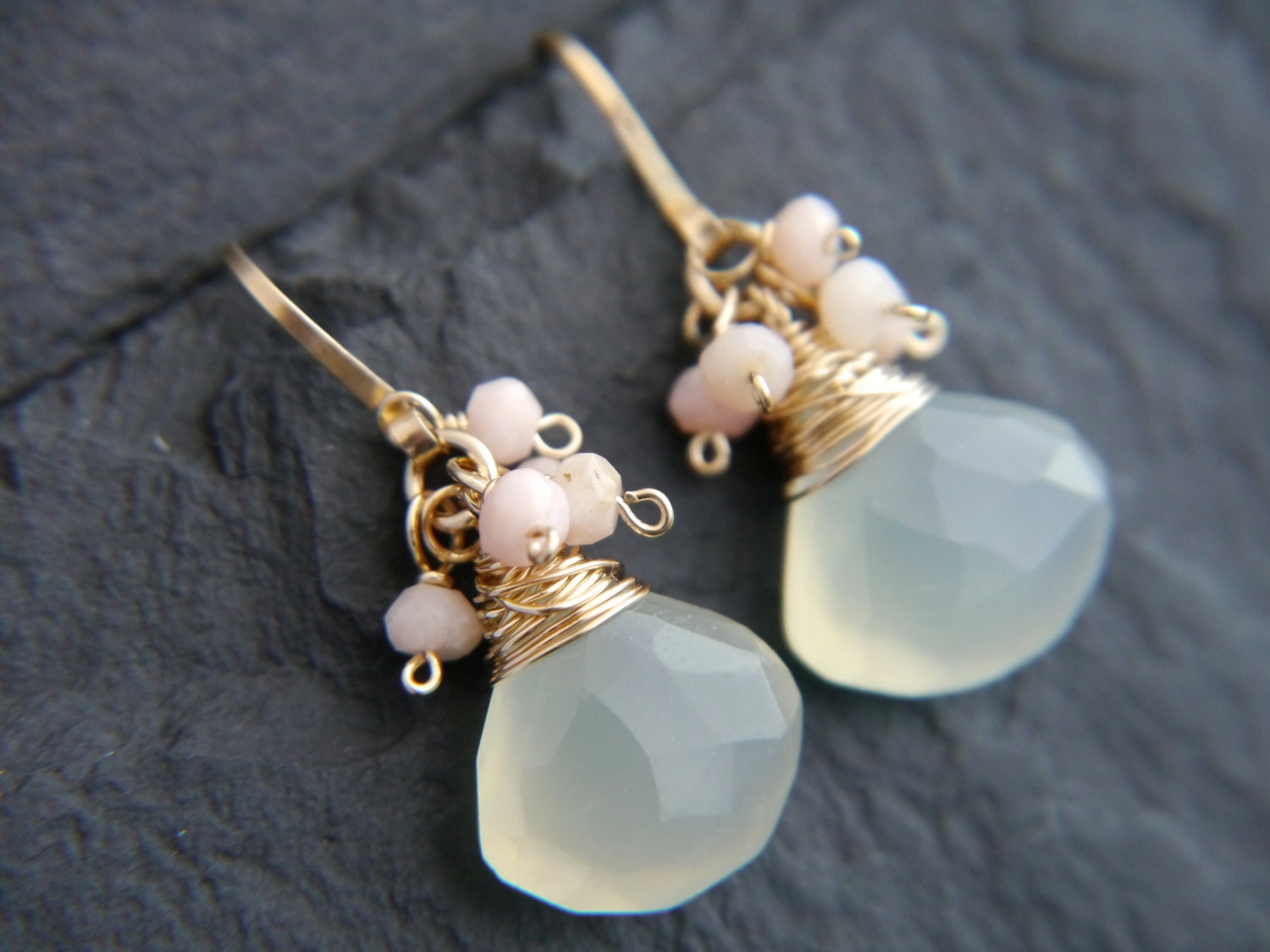 Aqua Chalcedony Pink Opal Floral Cluster Gemstone Earringsr, 14K Gold Filled Bridal