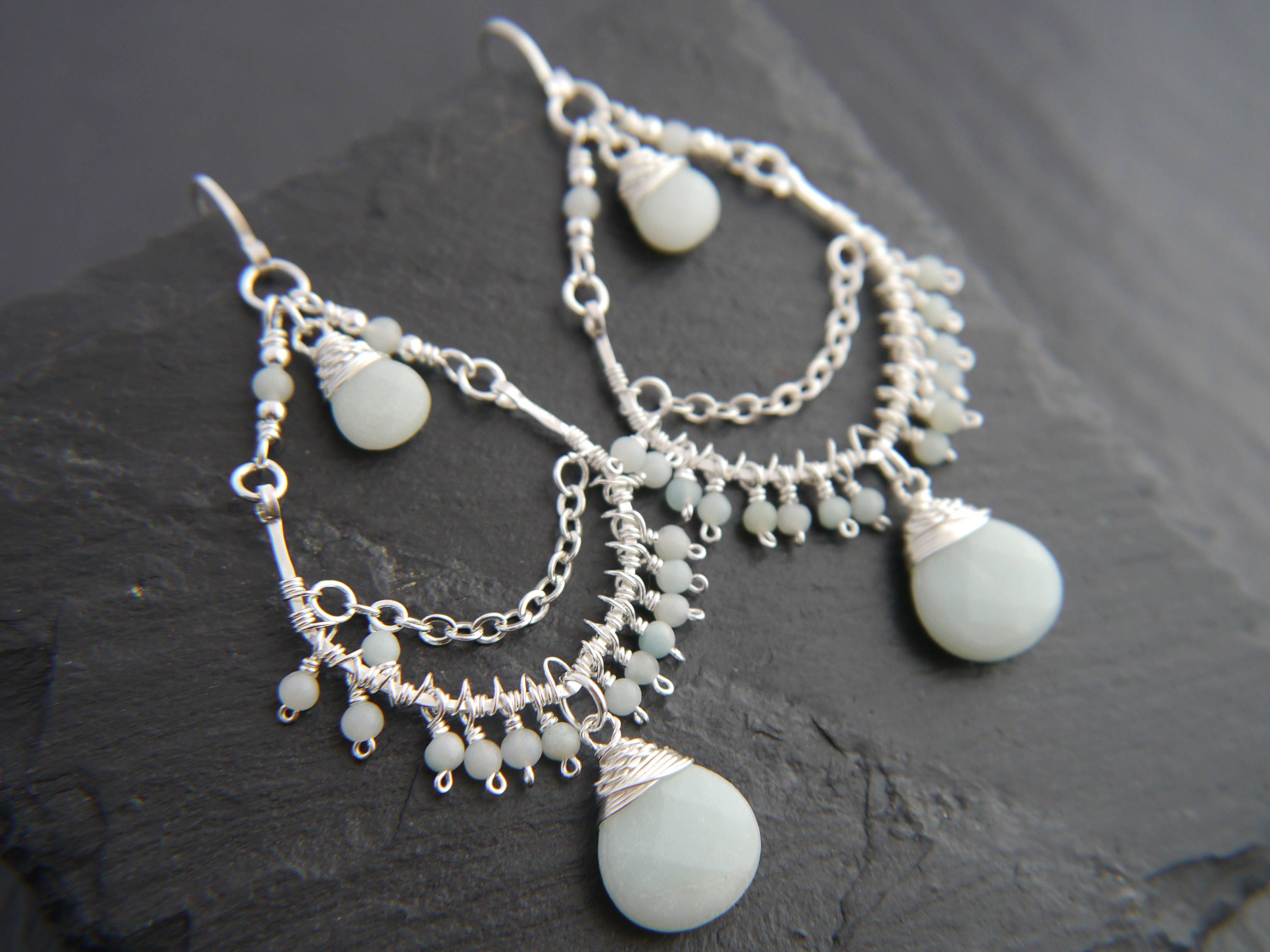 Amazonite Chandelier Gemstone Earrings, Sterling Silver Bohemian Style