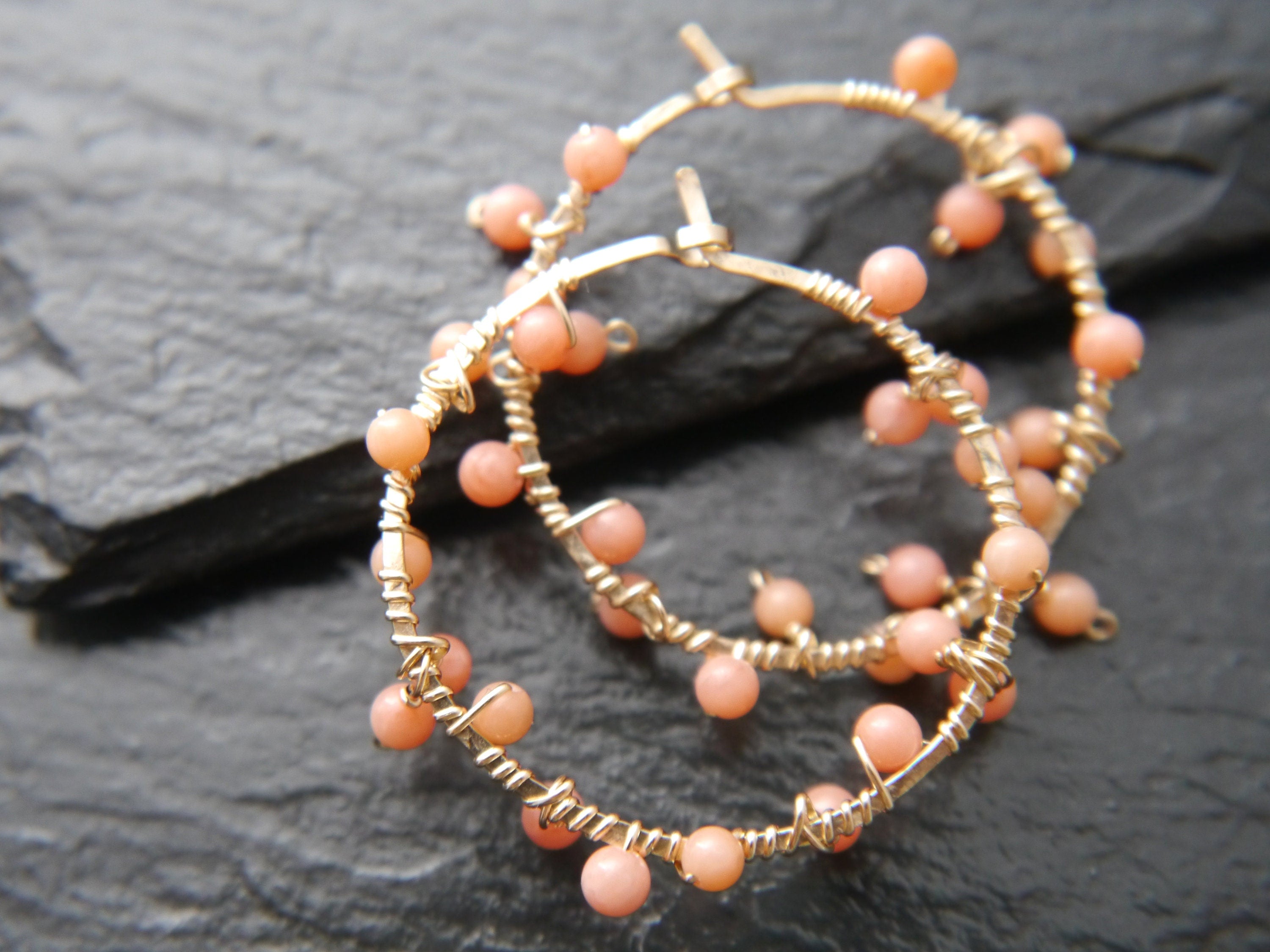 Coral Hoop Gemstone Earrings, 14K Gold Filled Garland Floral Bohemian Style