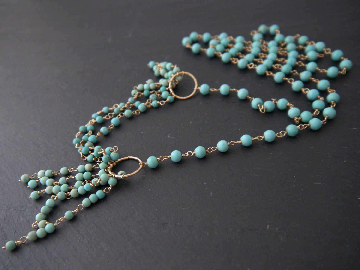 Turquoise Tassel Layering Gemstone Necklace, 14K Gold Filled Statement Jewelry