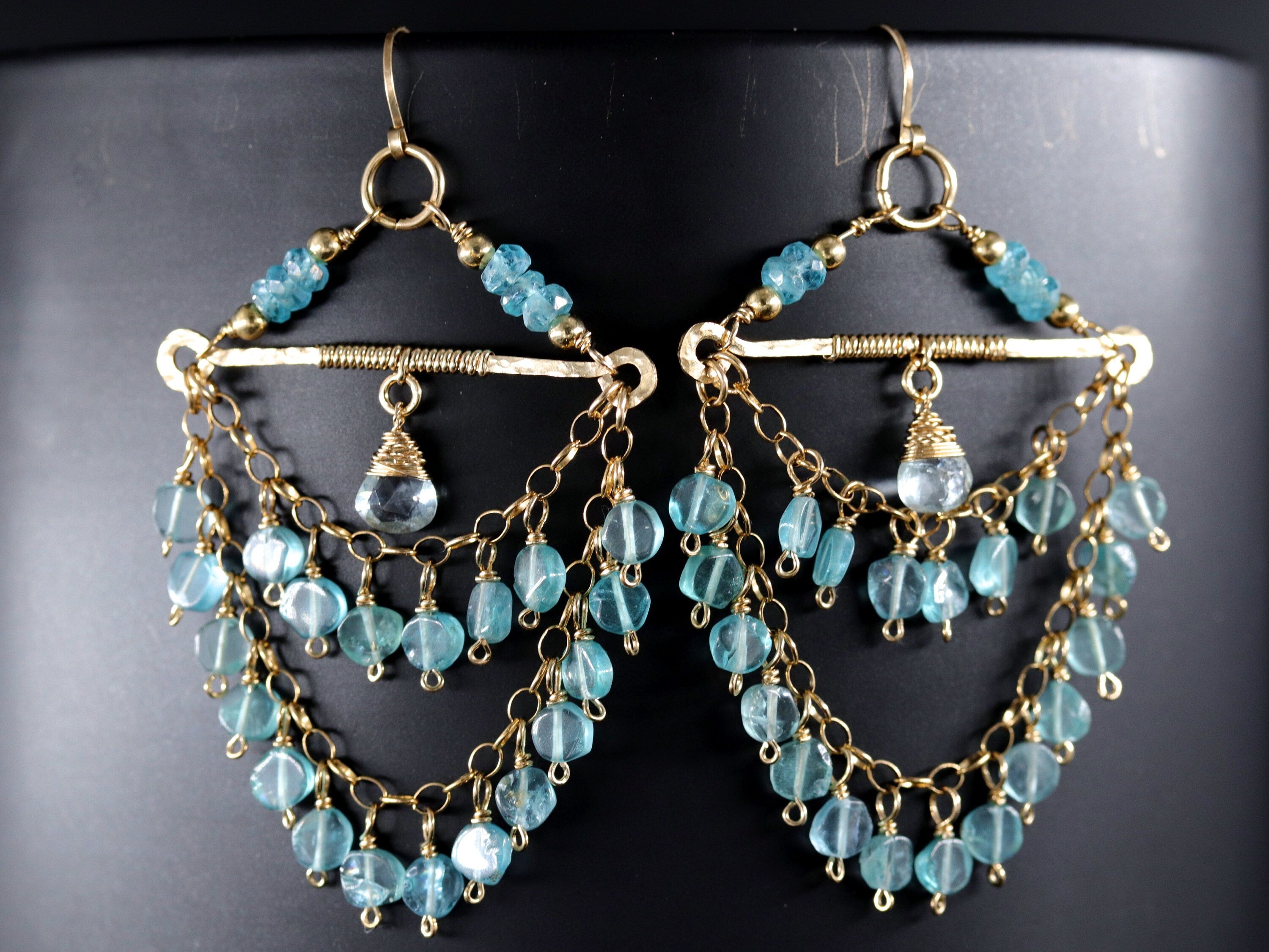 Aquamarine Fringe Chandelier Earrings, 14K Gold Filled Tiered Waterfall Dangle, Coastal Bridal Statement Jewelry