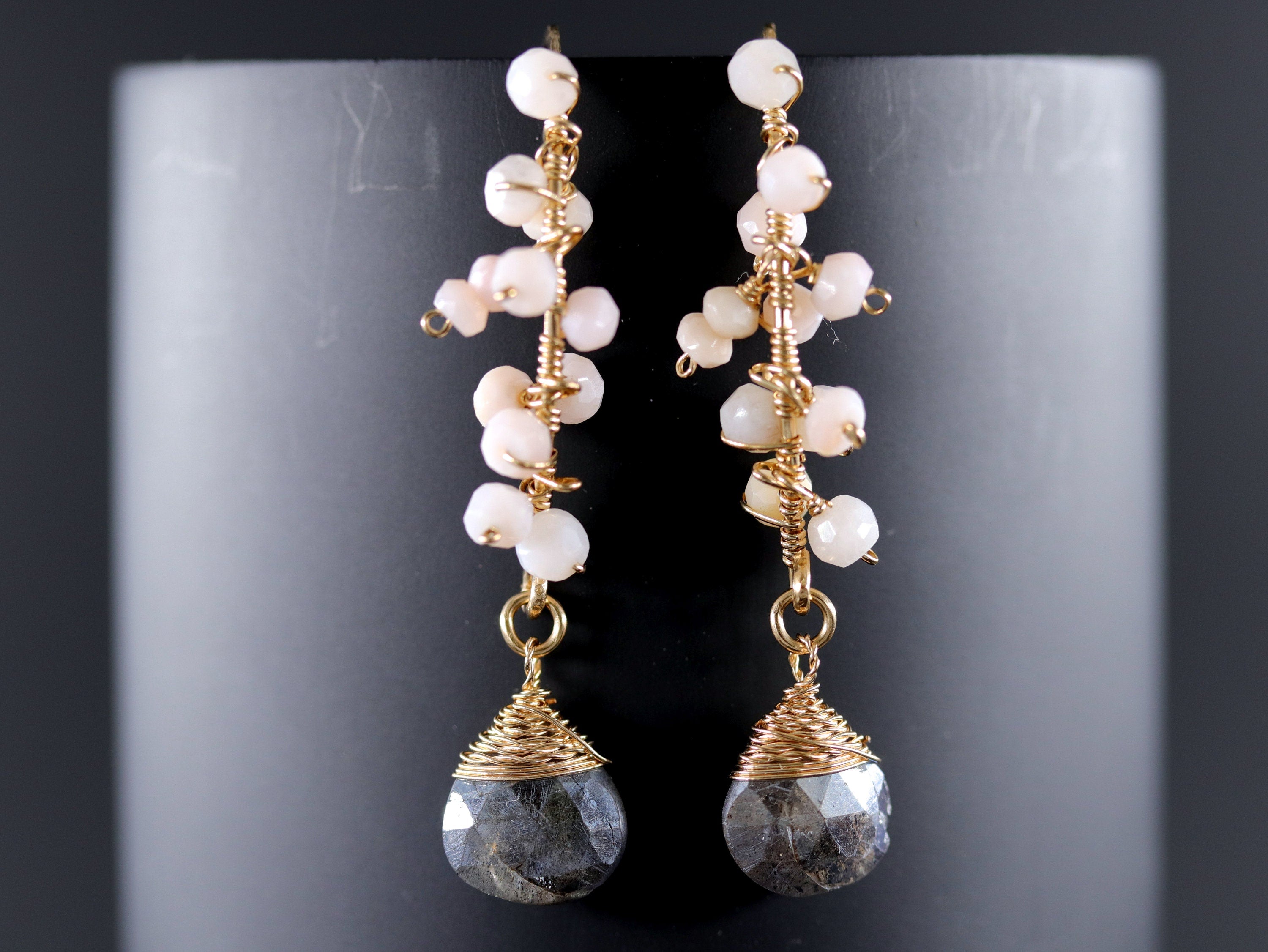 Labradorite Pink Opal Floral Hoop Gemstone Earrings, 14K Gold Filled Bohemian Jewelry