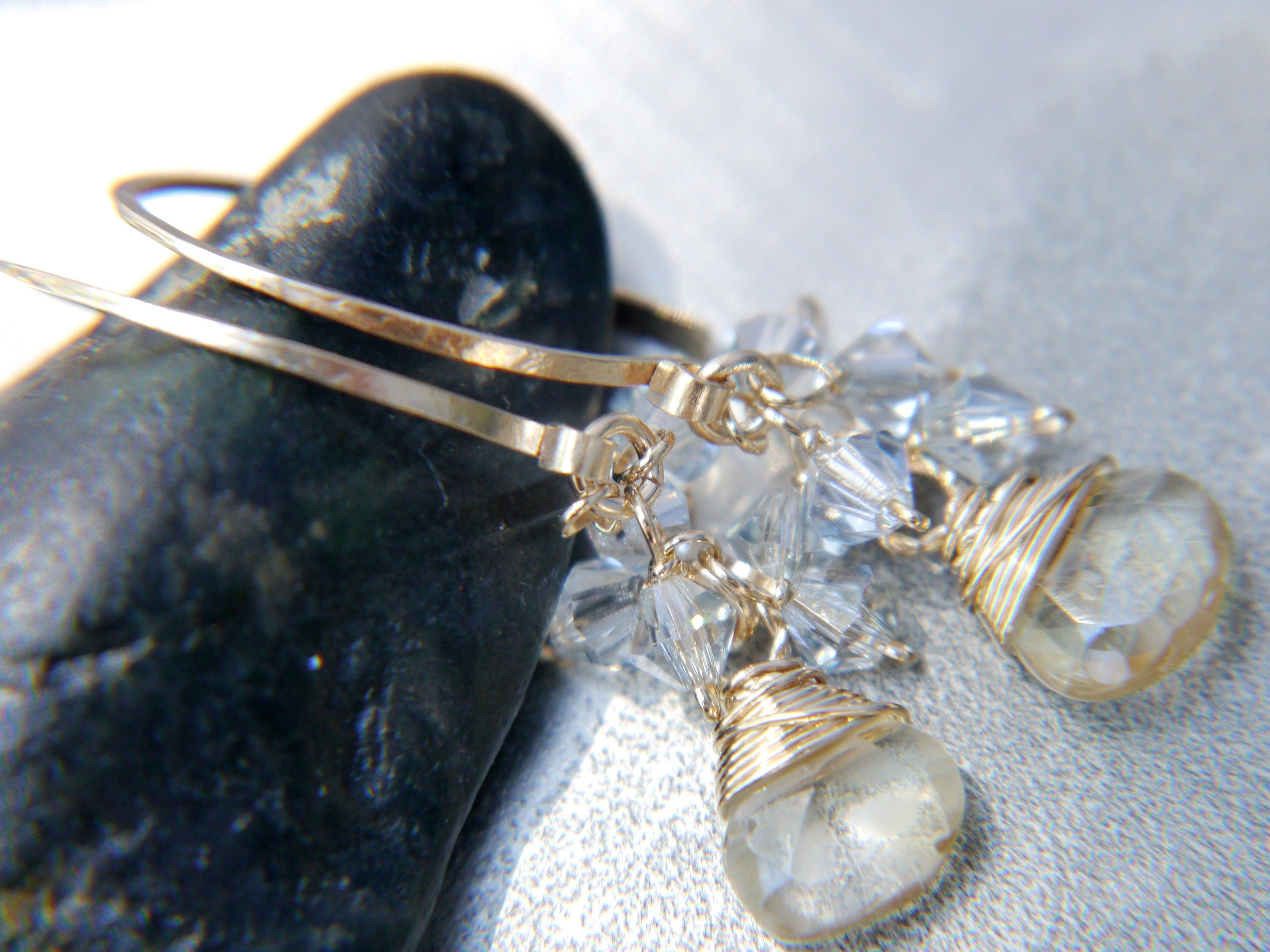 Citrine Teardrop Hoop Cluster Gemstone Earrings, 14K Gold Filled November Birthstone