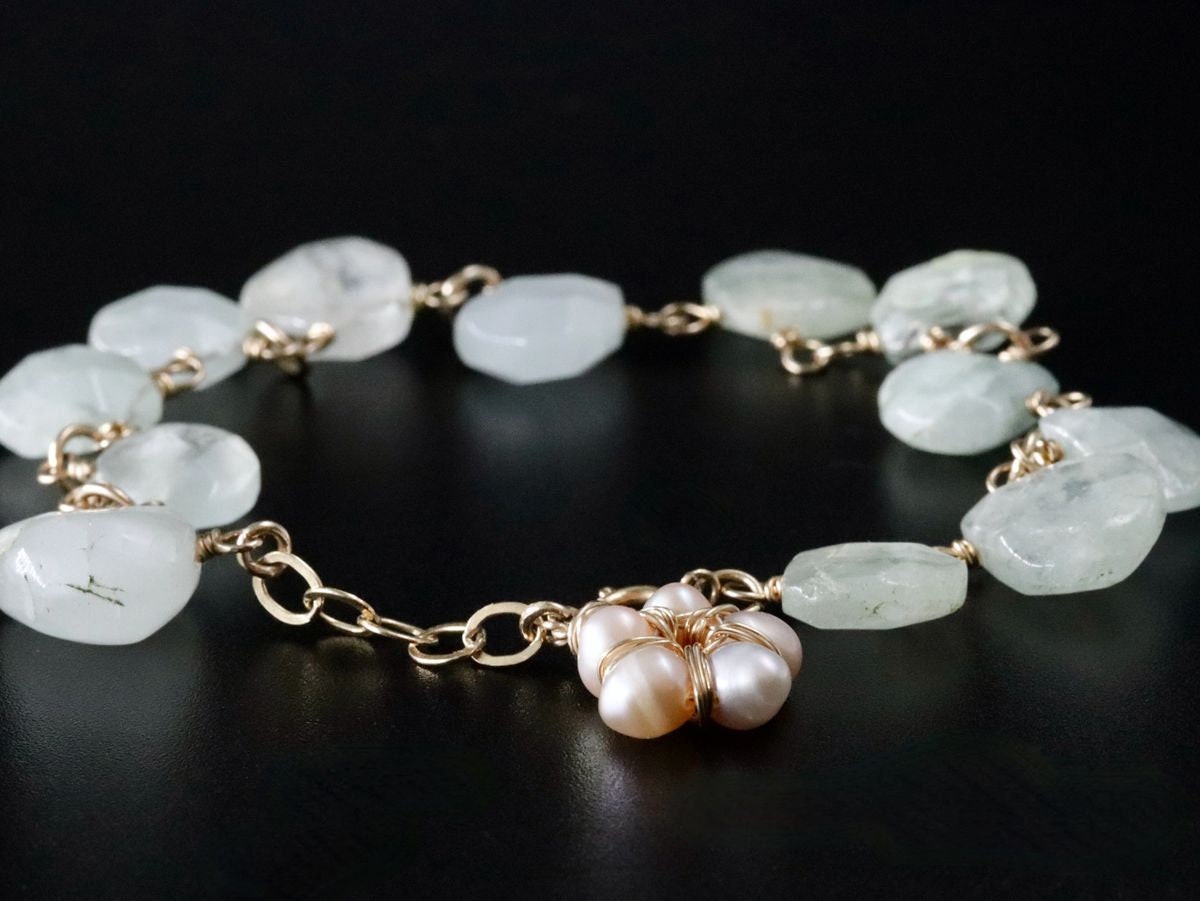 14K Gold Filled Aquamarine Pearl Floral Gemstone Bracelet, March Birthstone Bridal Jewelry