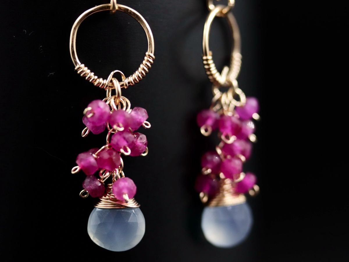 Ruby Chalcedony Heart Briolette Floral Cluster Gemstone Earrings, 14K Gold Filled
