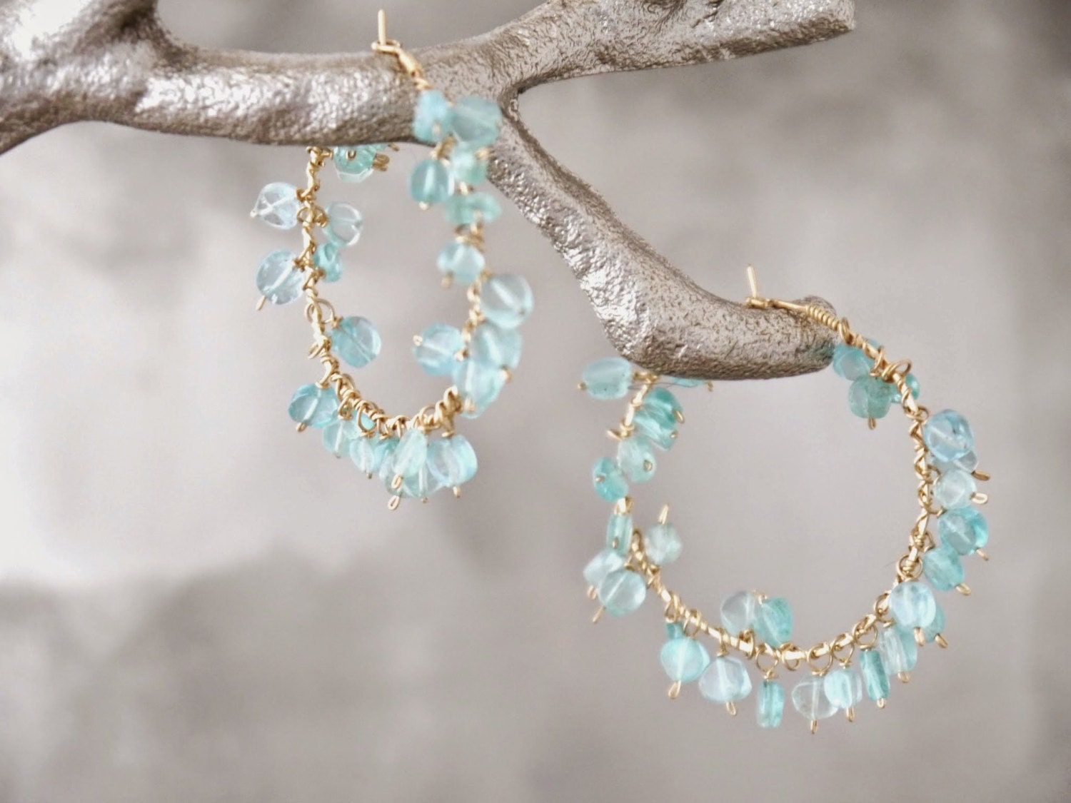 Apatite Fringe Hoop Earrings, 14K Gold Filled Garland Dangle, Boho Statement Jewelry