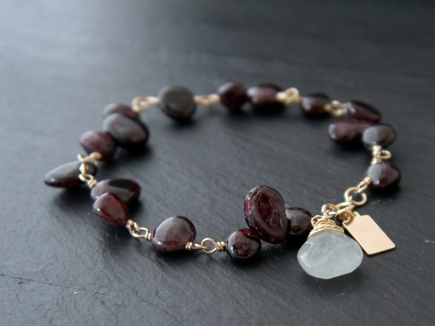 Garnet Floral Beaded Gemstone Bracelet, 14K Gold Filled January Birthstone Jewelry