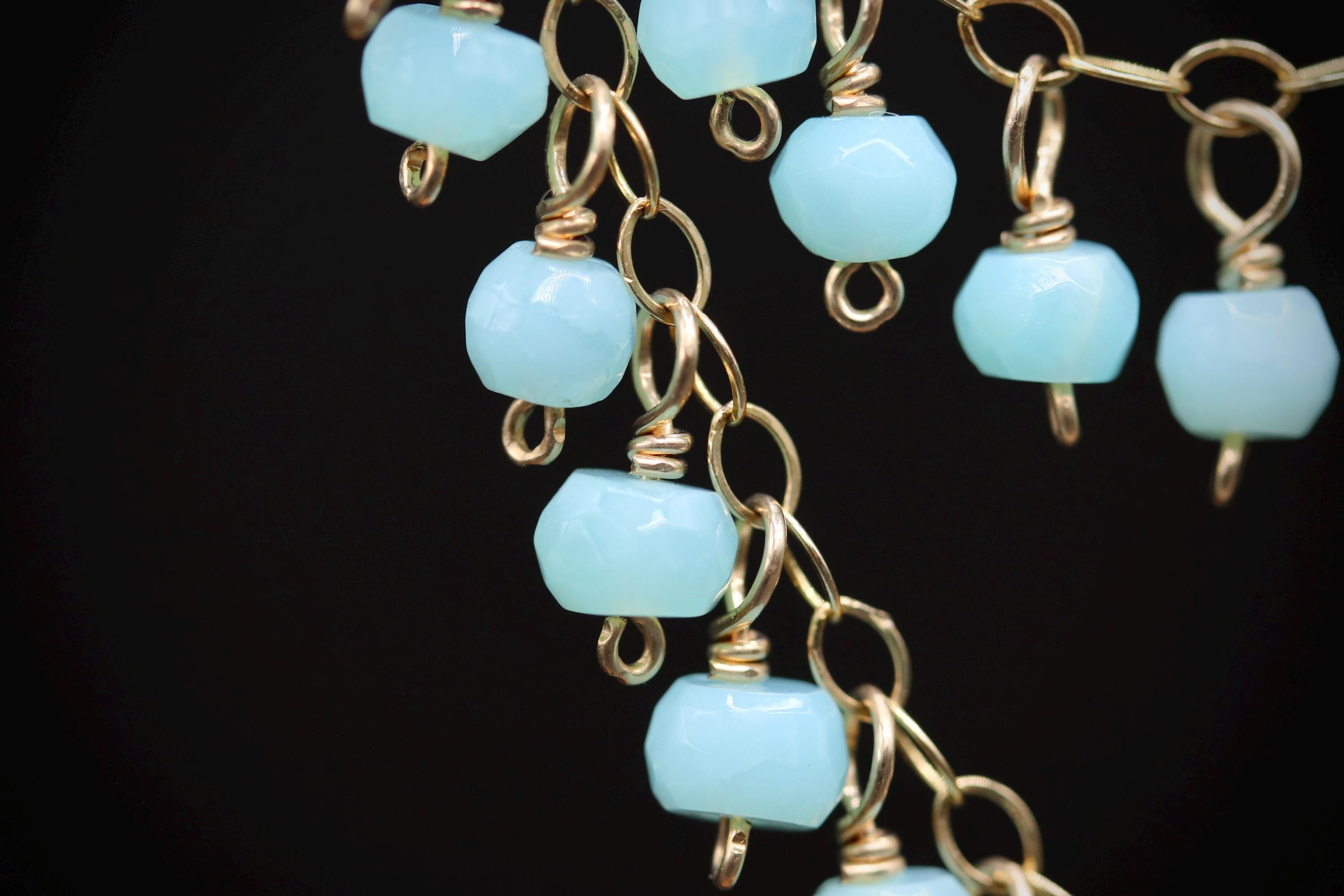 Peruvian Blue Opal Tiered Fringe Chandelier Earrings, 14K Gold Filled Statement Bohemian Wedding Jewelry