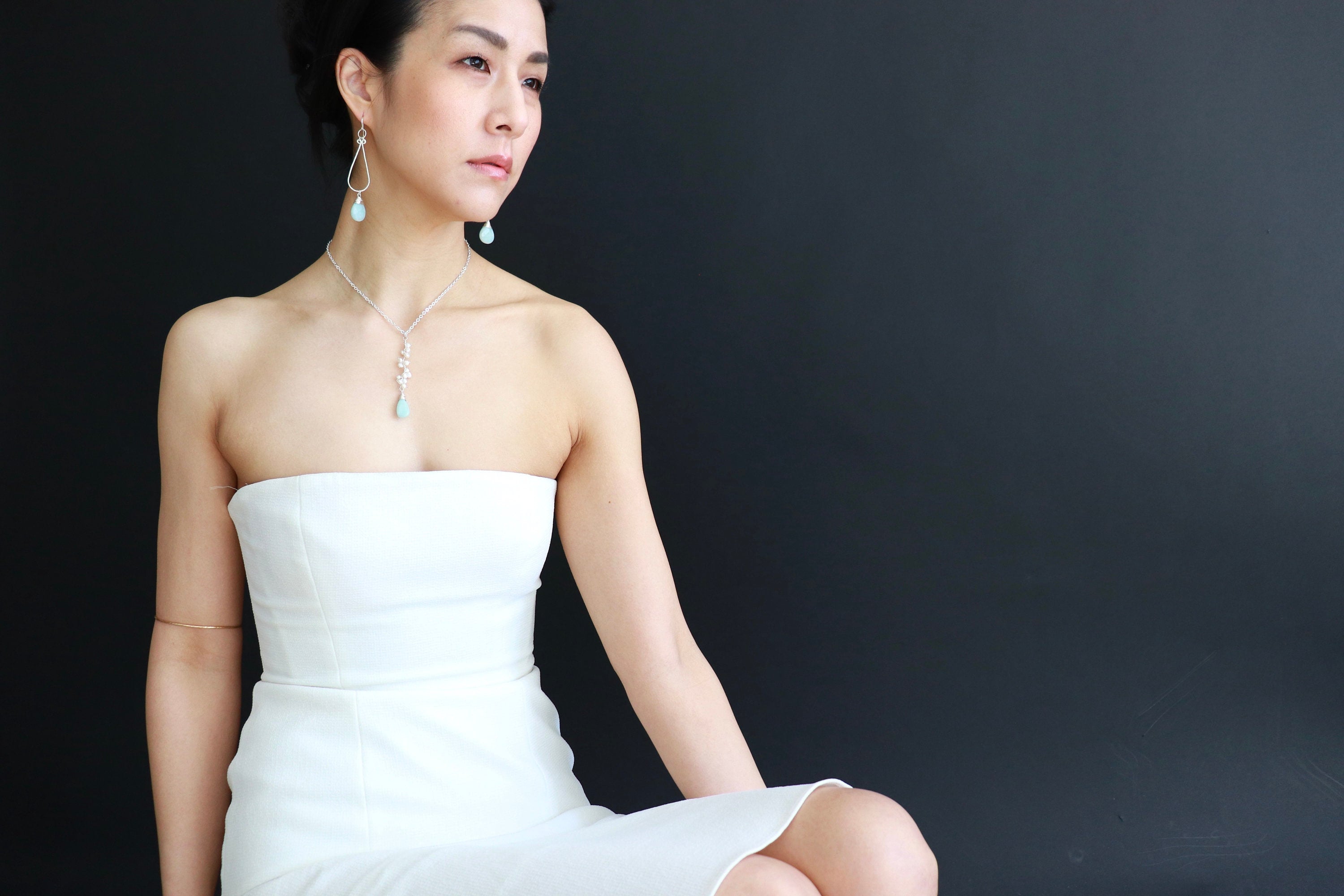 Amazonite White Pearl Floral Vine Pendant Gemstone Necklace, Sterling Silver, Wedding Jewelry