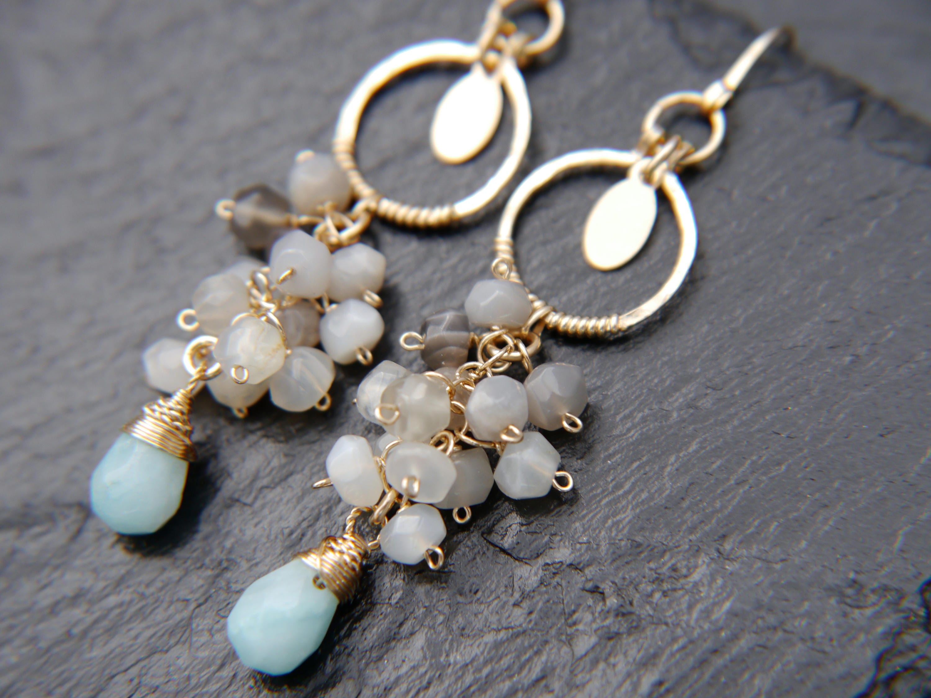 Moonstone Amazonite Cluster Gemstone Earrings 14K Gold Filled Nature Inspired
