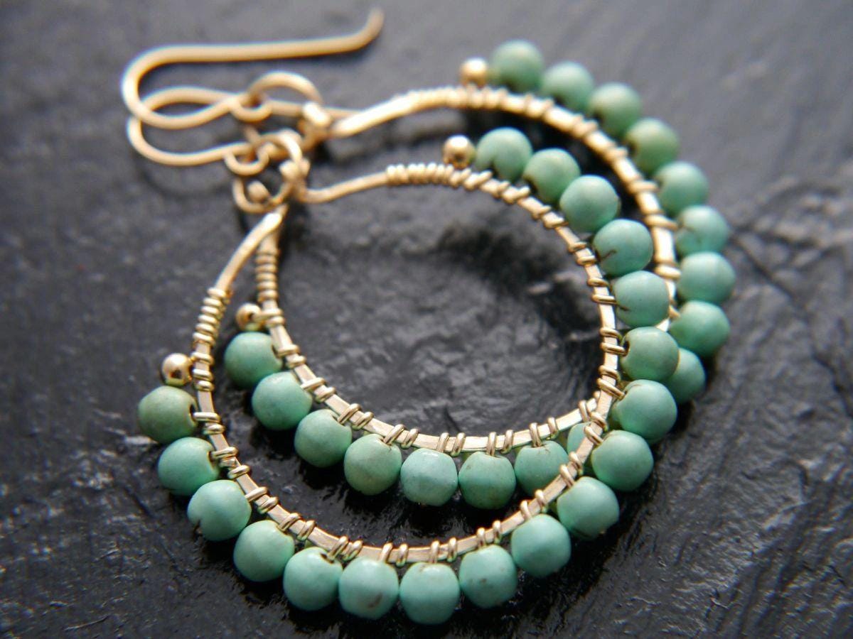 Turquoise Magnesite Hoop Gemstone Earrings, 14K Gold Filled Summer Style