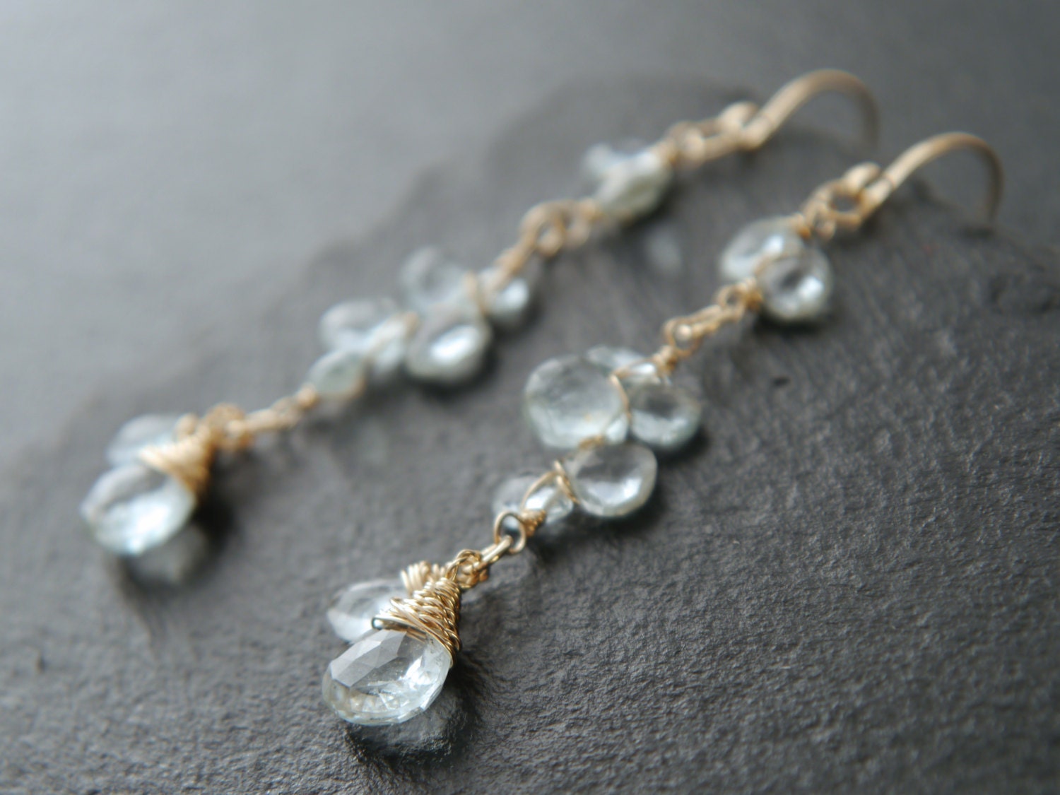 Aquamarine Long Dangle Floral Gemstone Earrings, 14K Gold Filled Garden Wedding