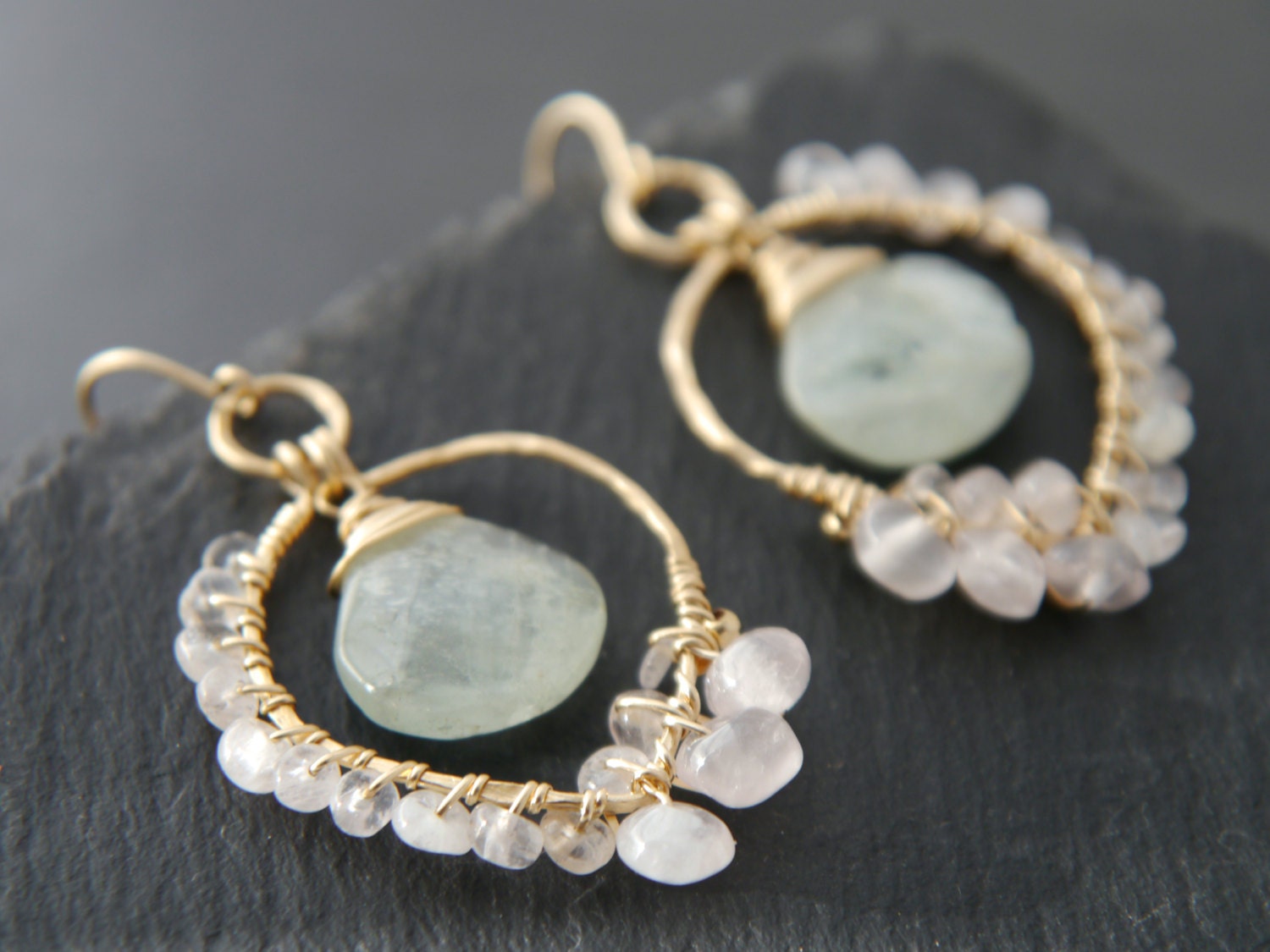 Aquamarine Rose Quartz Floral Chandelier Gemstone Earrings, 14K Gold Filled Wedding