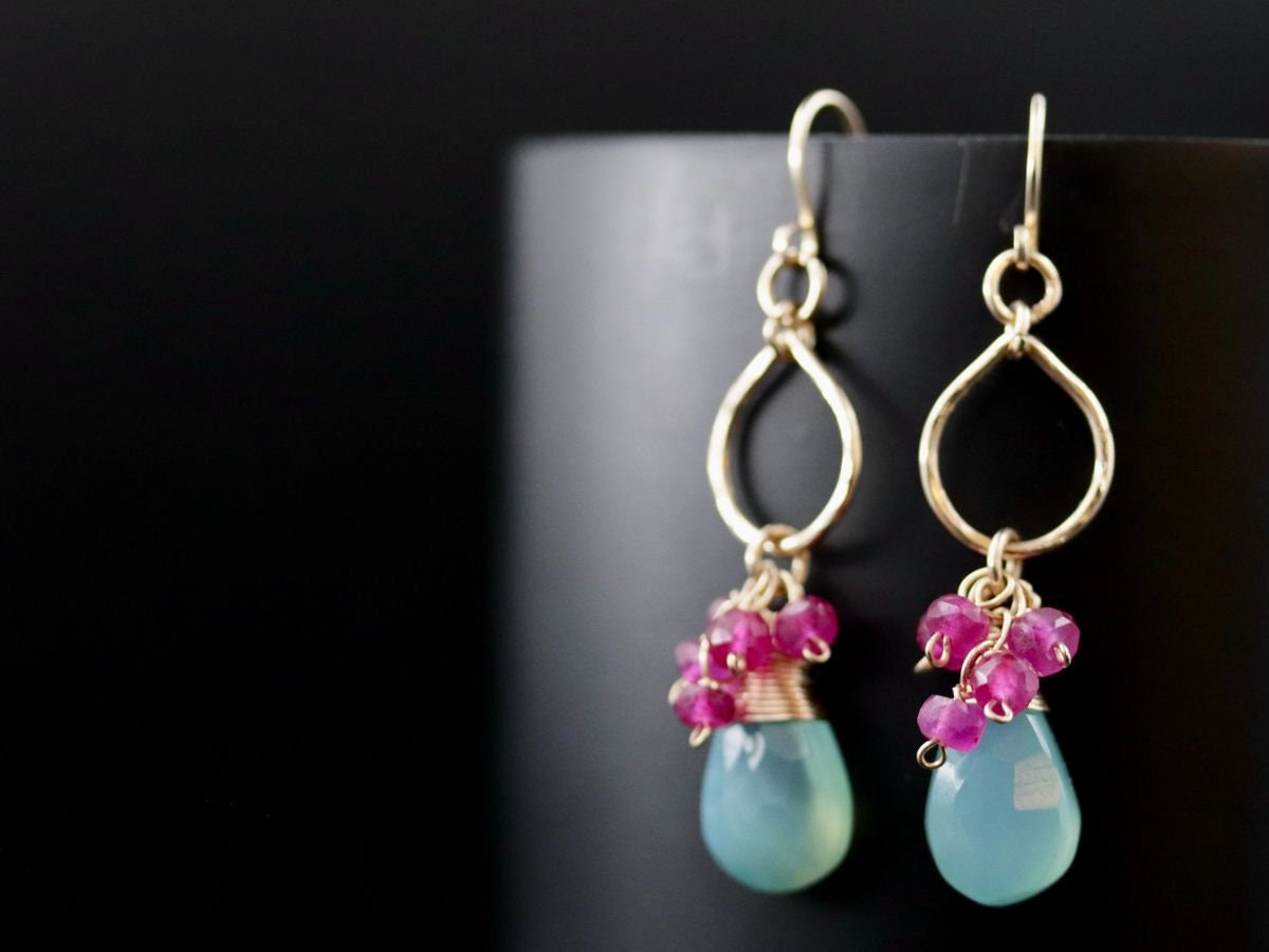 Aqua Chalcedony Ruby Floral Gemstone Earrings, 14K Gold Filled Boho Jewelry