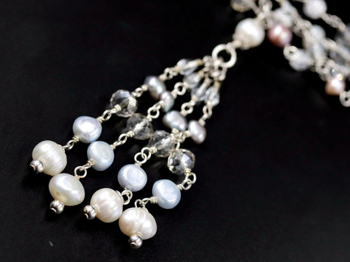 Freshwater Pearl Rosary Lariat Y Tassel Gemstone Necklace, Sterling Silver, Bohemian
