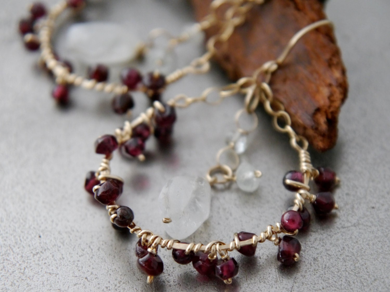 Garnet Aquamarine Floral Hoop Earrings, 14K Gold Filled Gemstone Hoops, Boho Jewelry